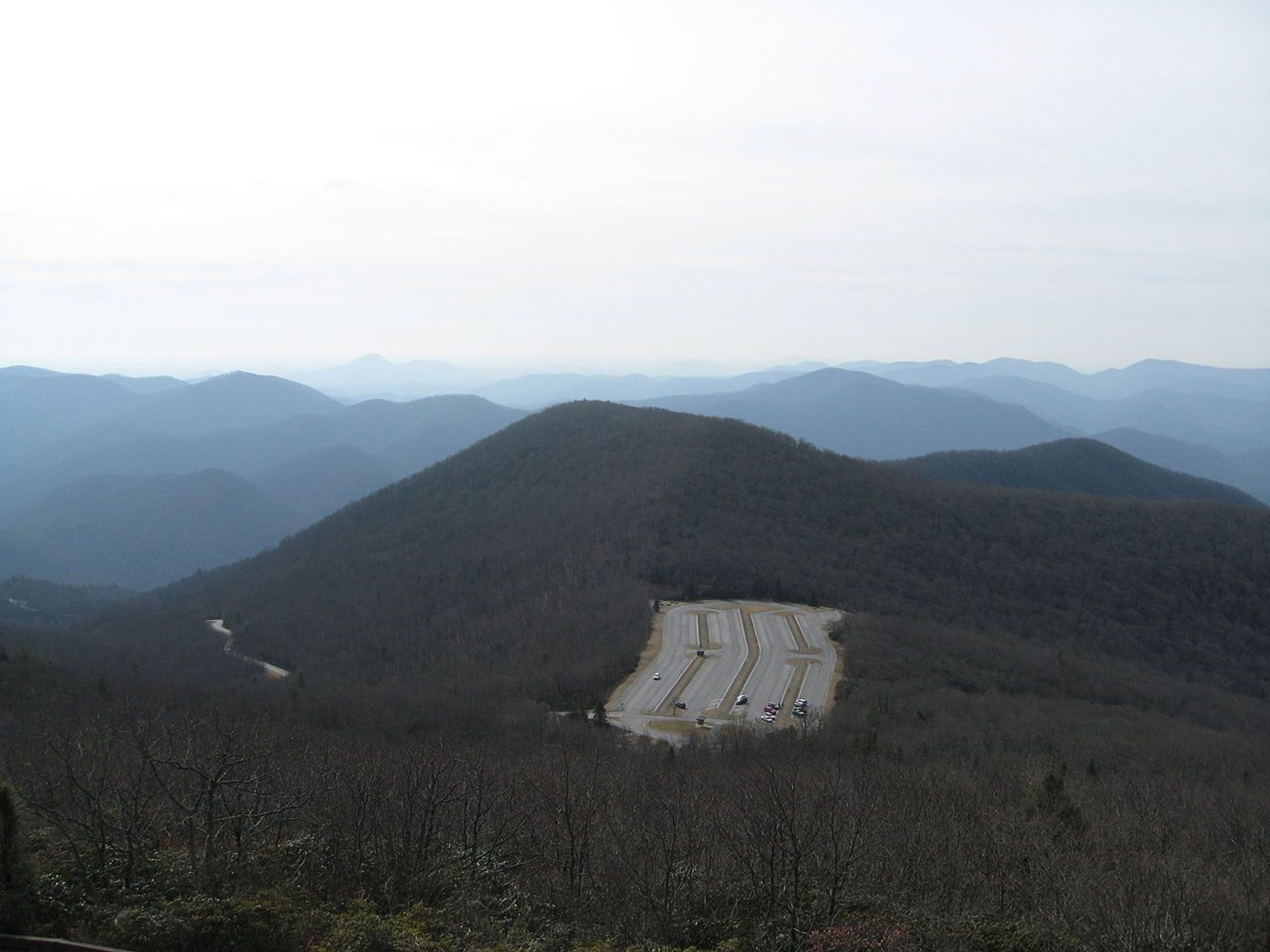 View of Brasstown Bald parking lot from summit. Photo by wiki.