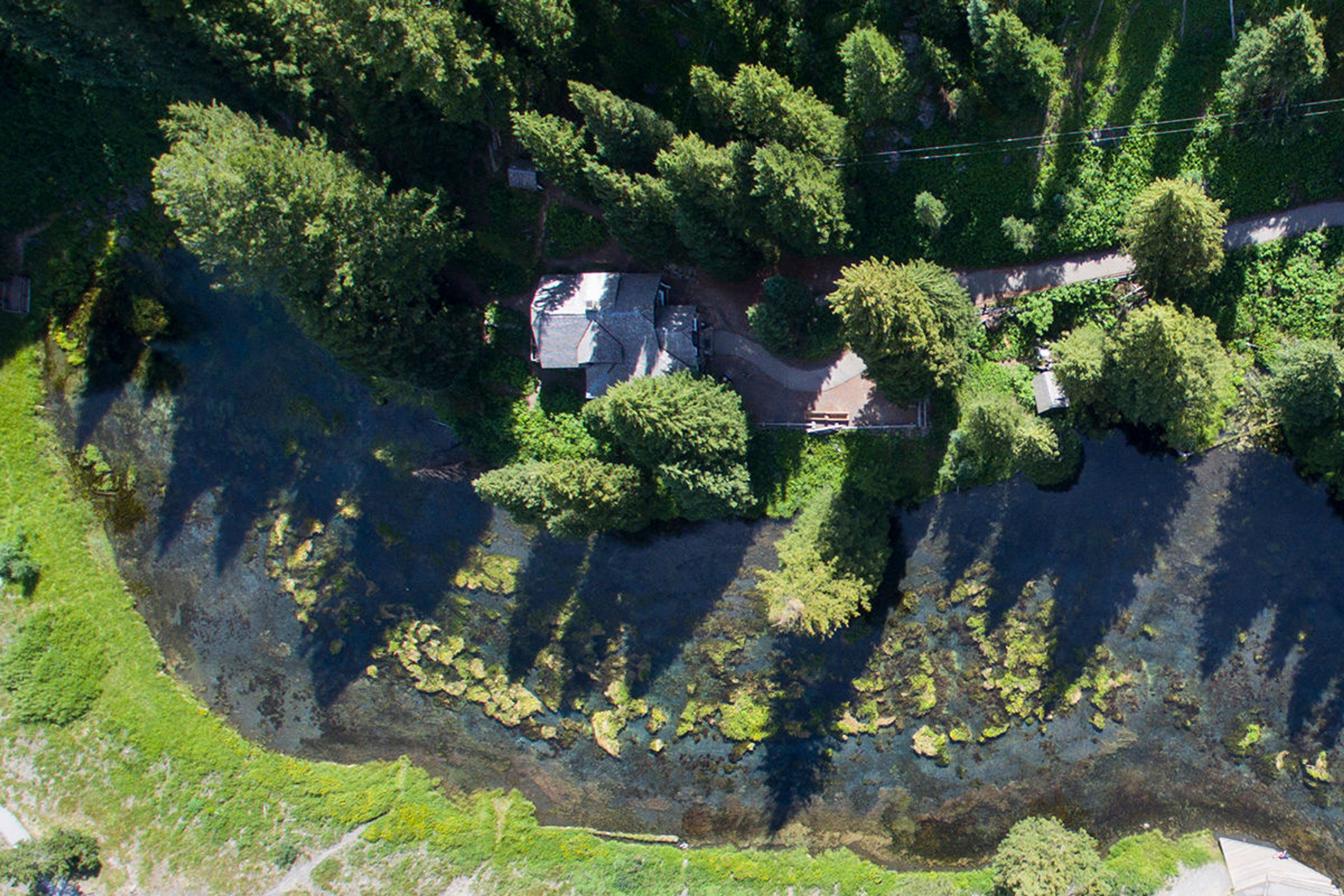 Johnny Sack Cabin from above, at Big Springs, Island Park, Idaho. Photo by wiki James N Perdue.