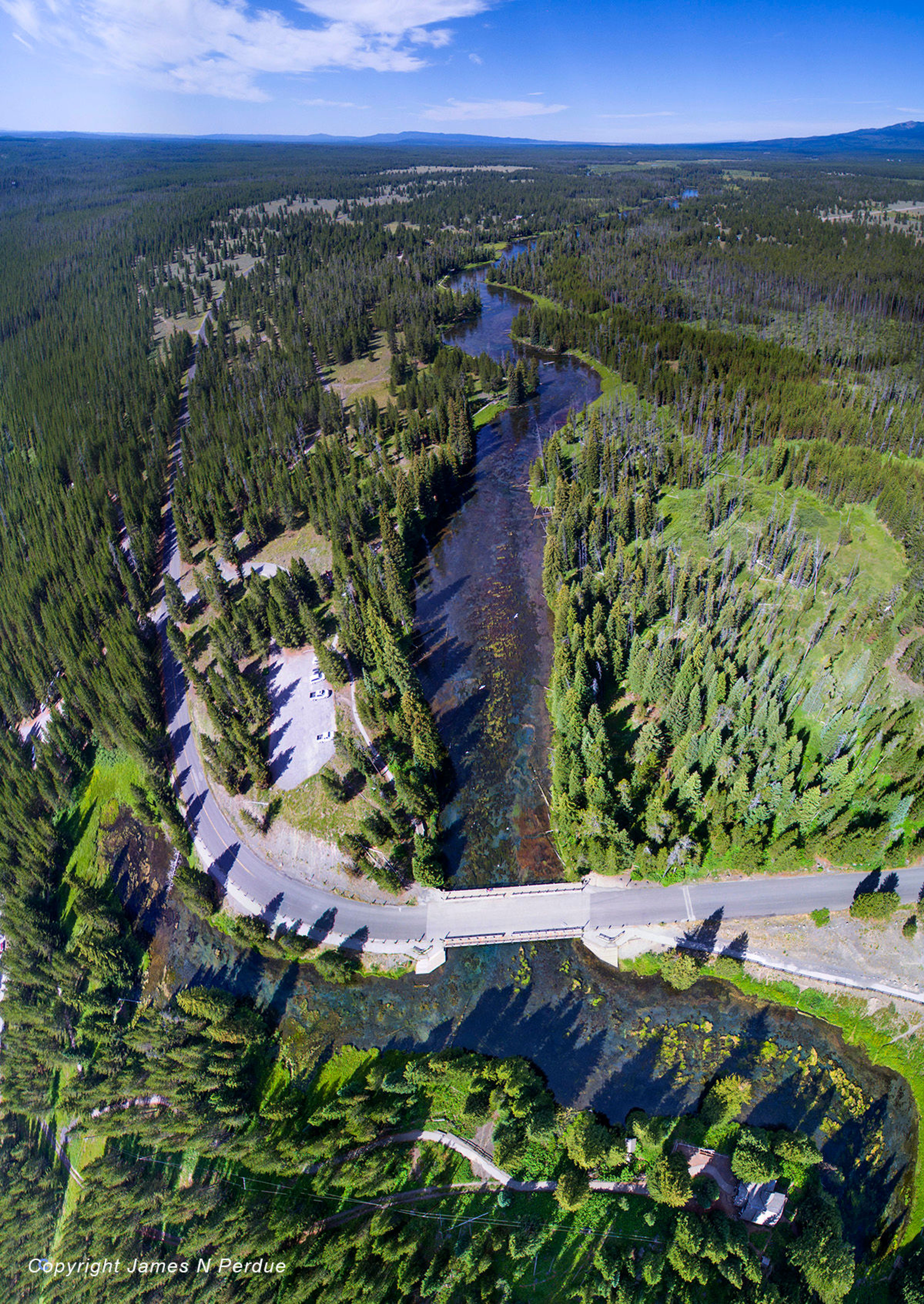 Aerial View from Big Springs including the Henry's Fork of the Snake River that begins at this location. Photo by wiki James N Perdue.