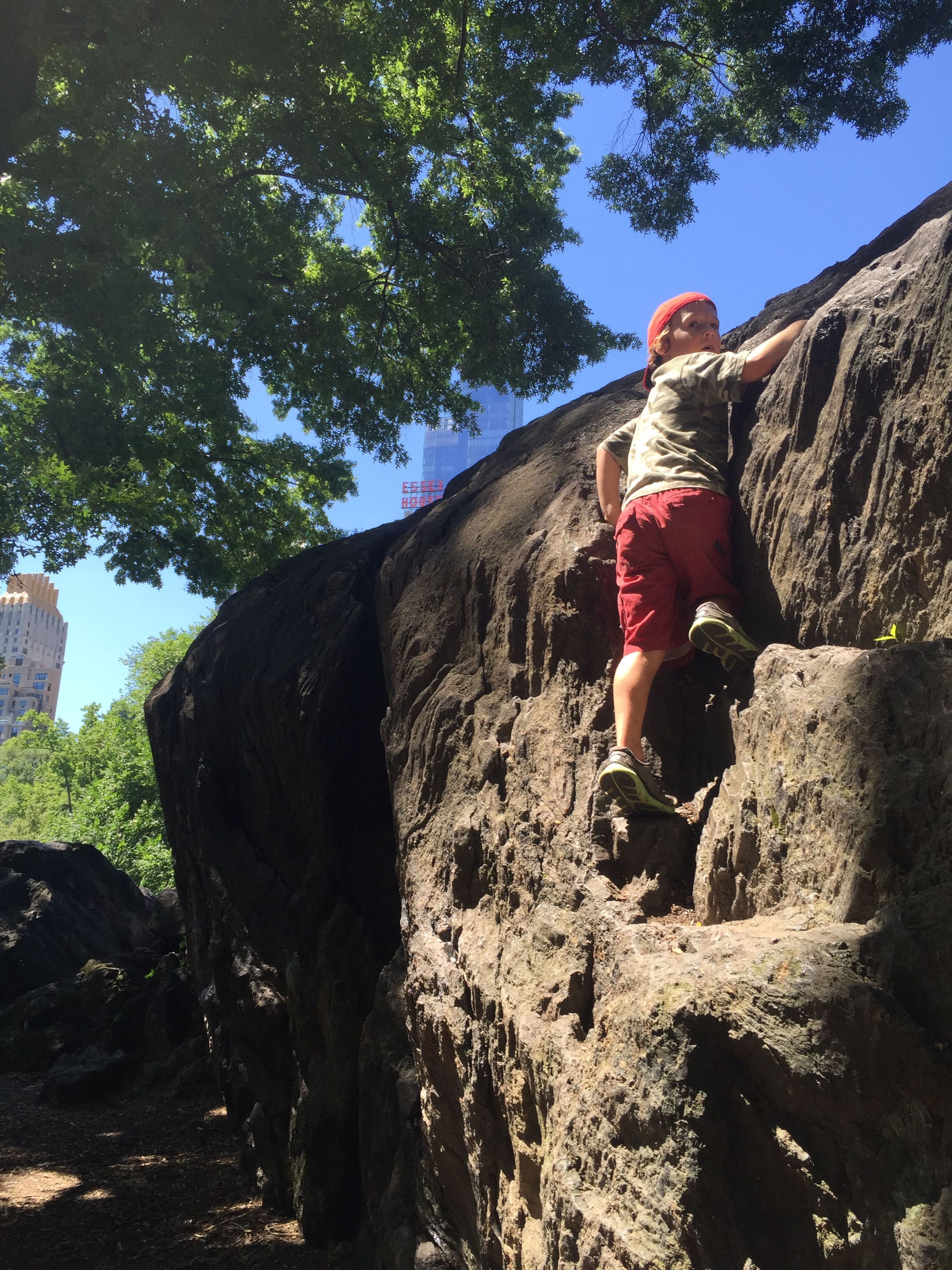 A boy climbs on the rocks along the trail in Central Park. Photo by Chris Sheffield.