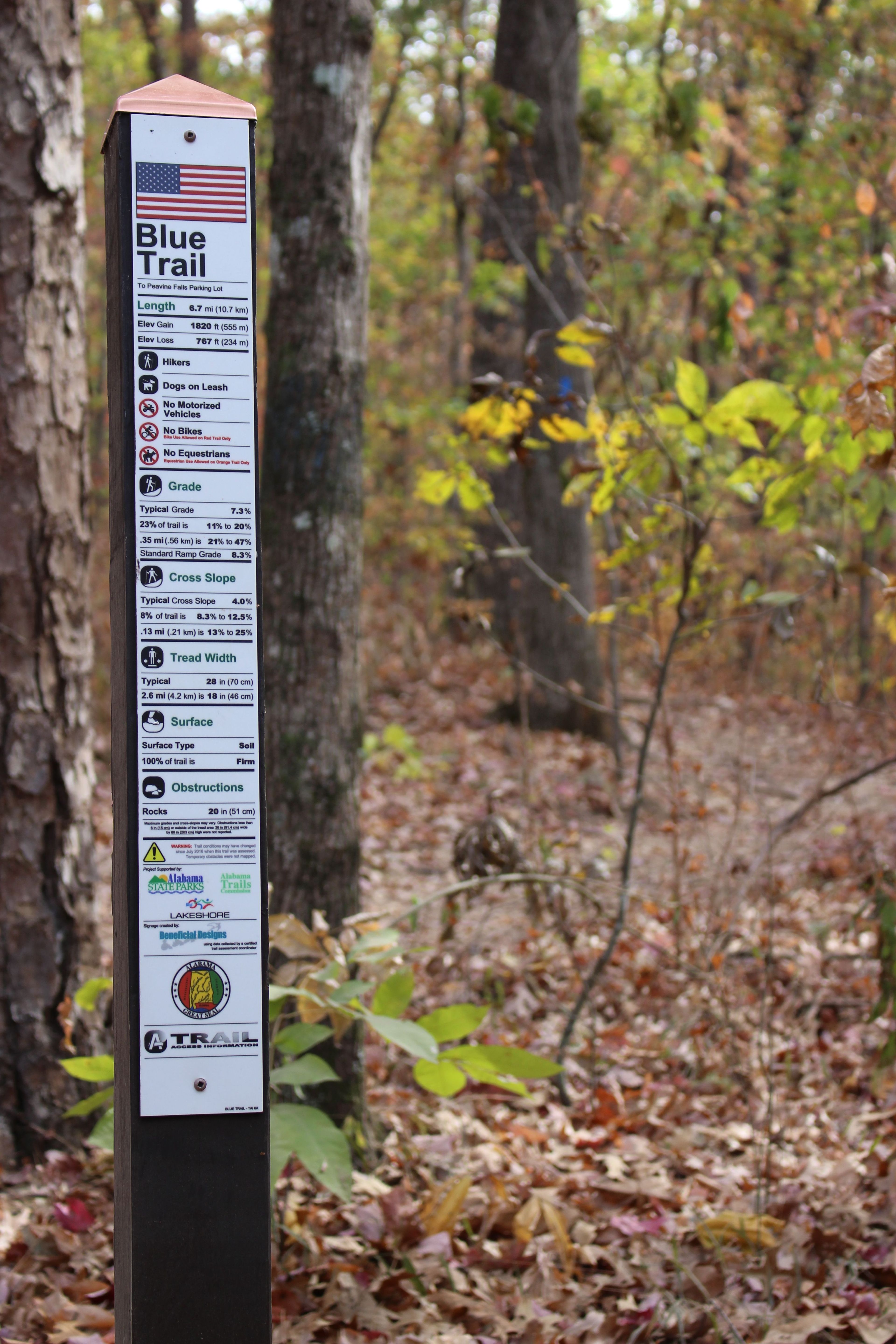 Trail accessibility information sign. Photo by Lakeshore Foundation.