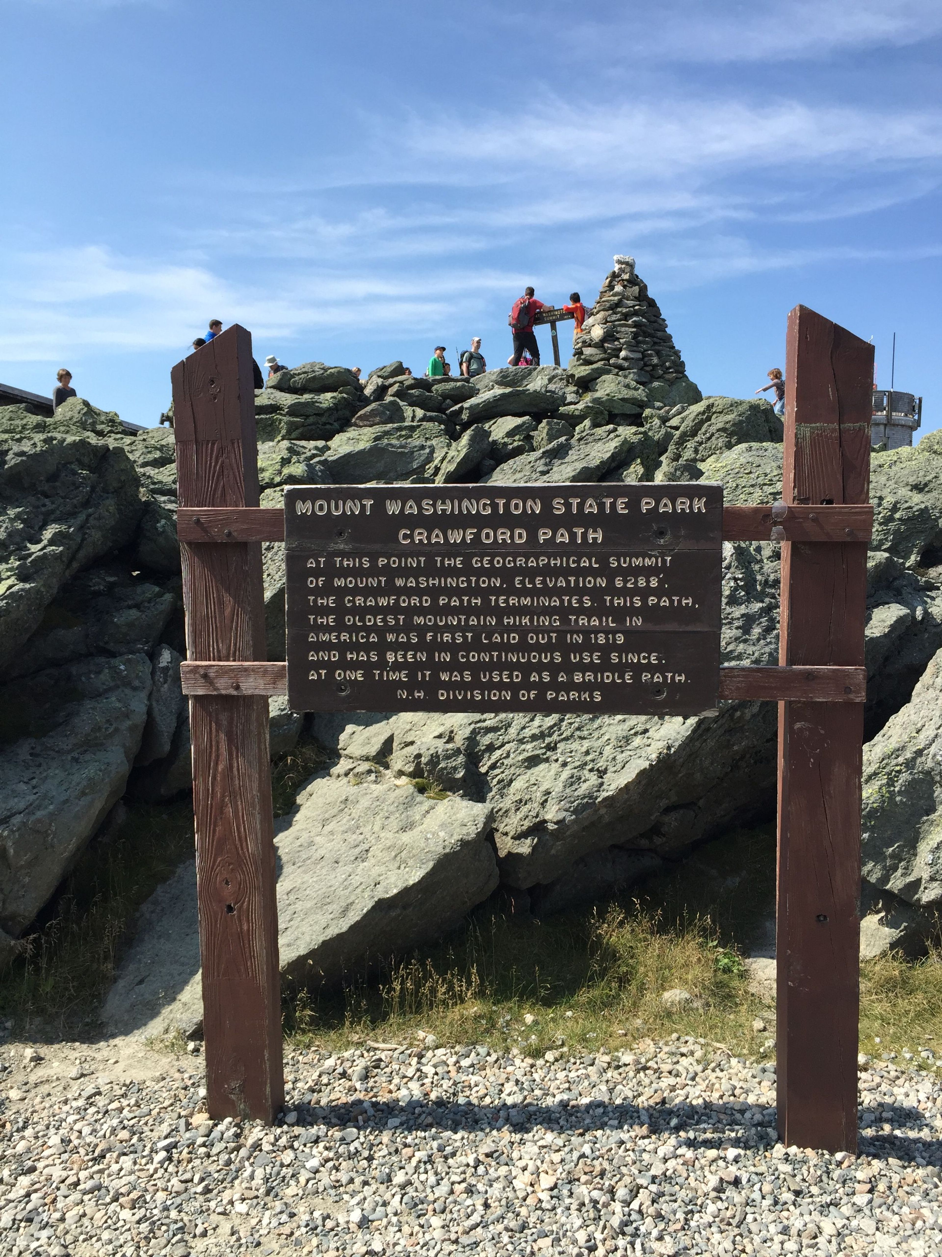 Sign describing the summit of Mount Washington and the Crawford Path in Sargent's Purchase Township, Coos County, NH. Photo by Famartin/wiki.