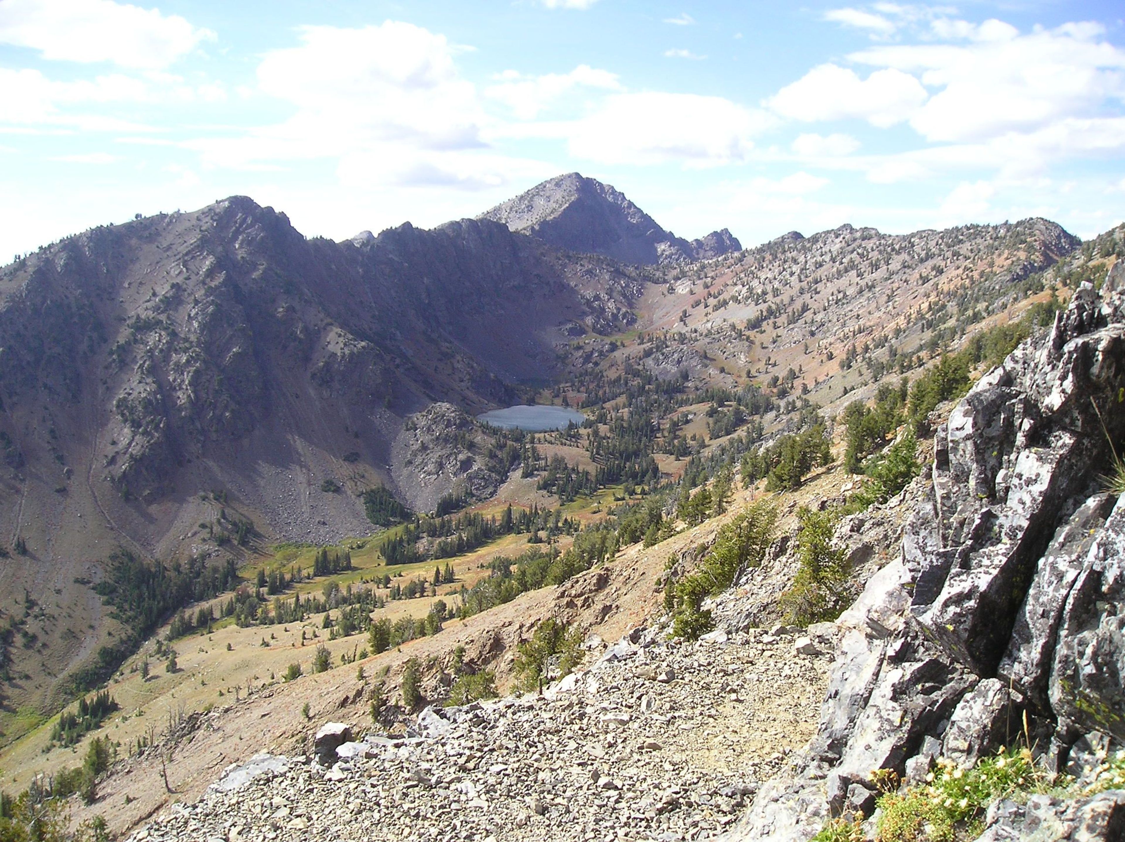 HIgh mountain Twin Lakes in distance along the rugged Elkhorn Crest Trail. Photo by USDA Forest Service.