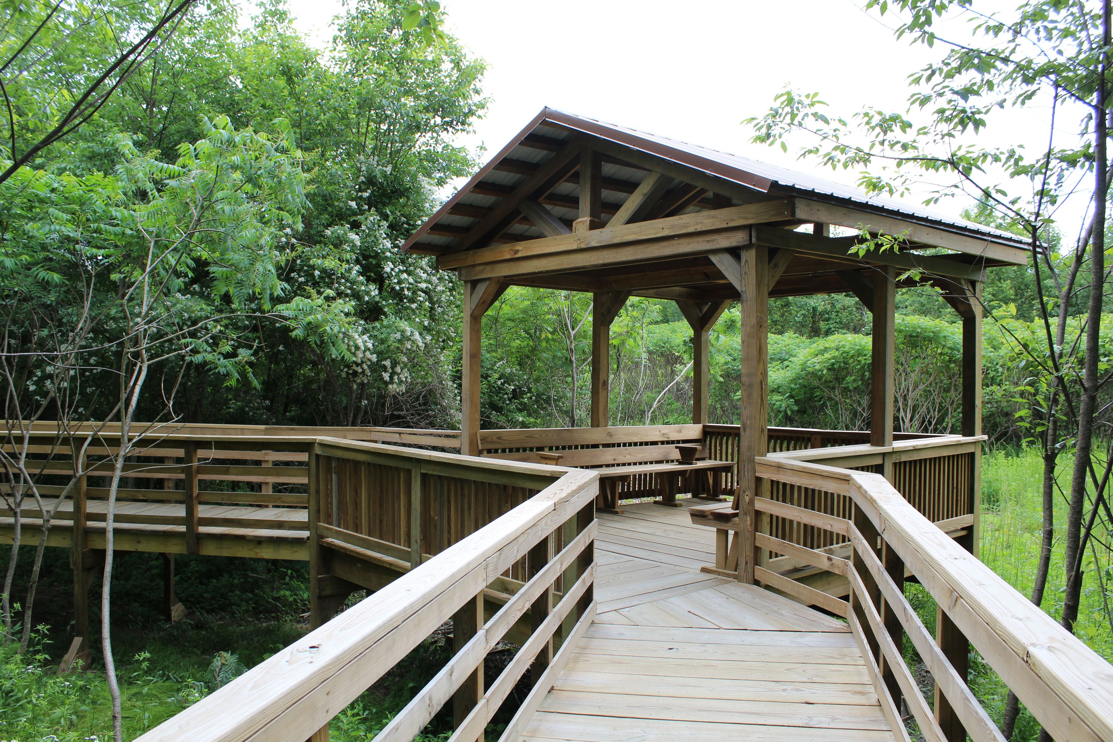 One of two shaded overlooks on the Fort River Birding and Nature Trail.