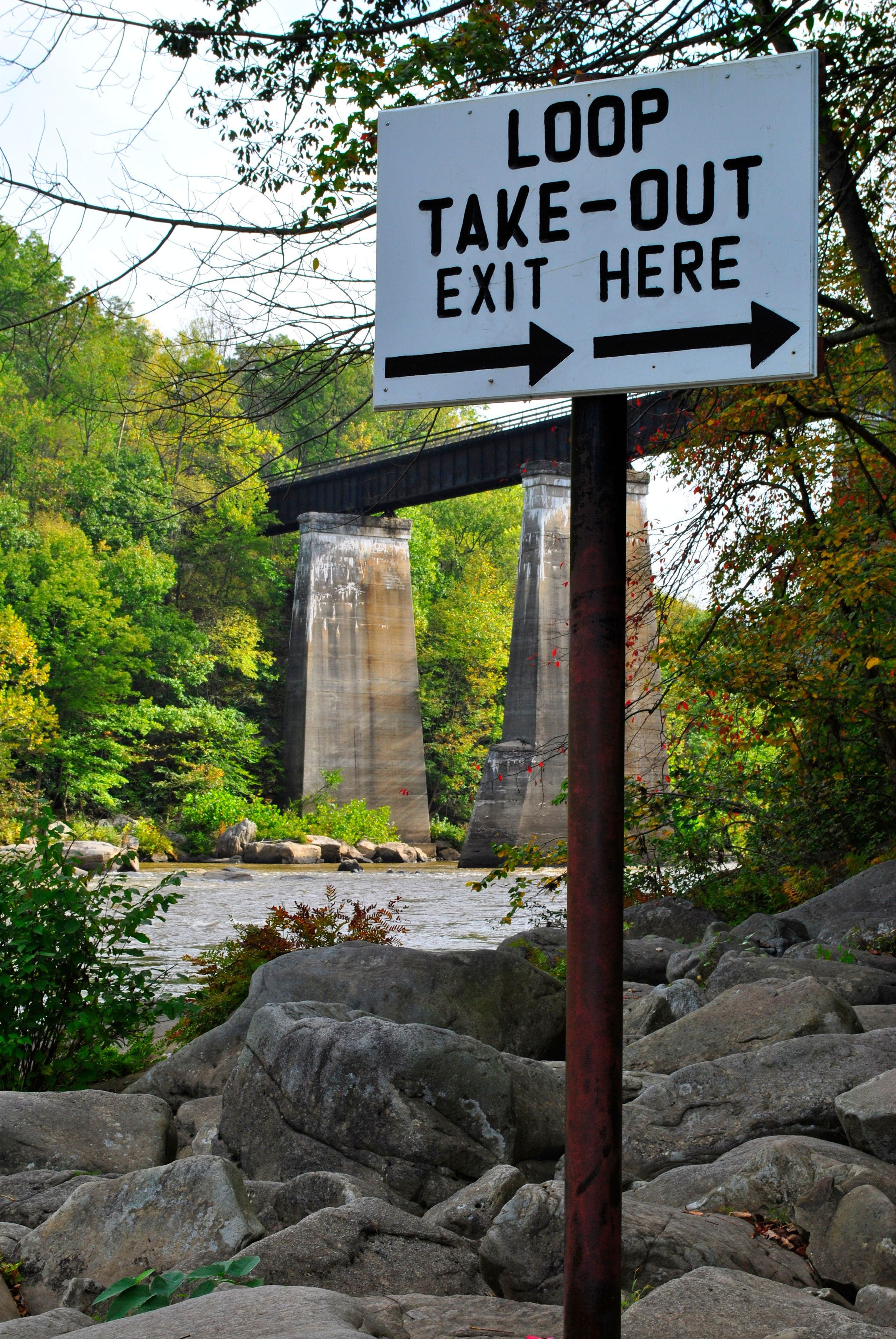 View of the Ohiopyle high bridge from below at river level. Photo by Clare Kaczmarek.