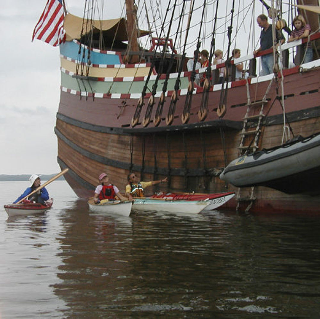 Kayakers and replica of Henry Hudson's Half Moon