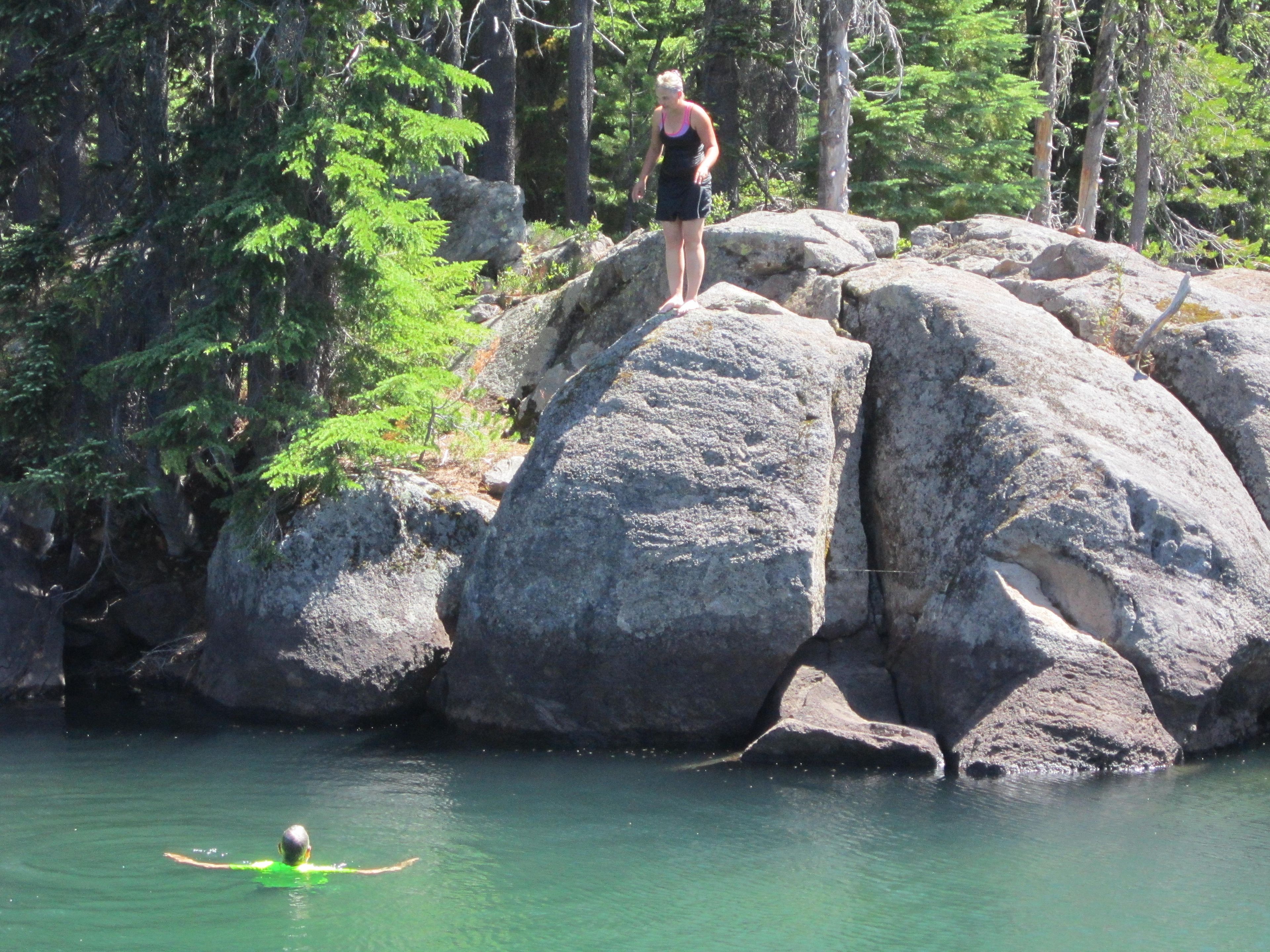 East Cascade Back Country Horsemen trail volunteers cooling off. Photo by Linda Thomas.