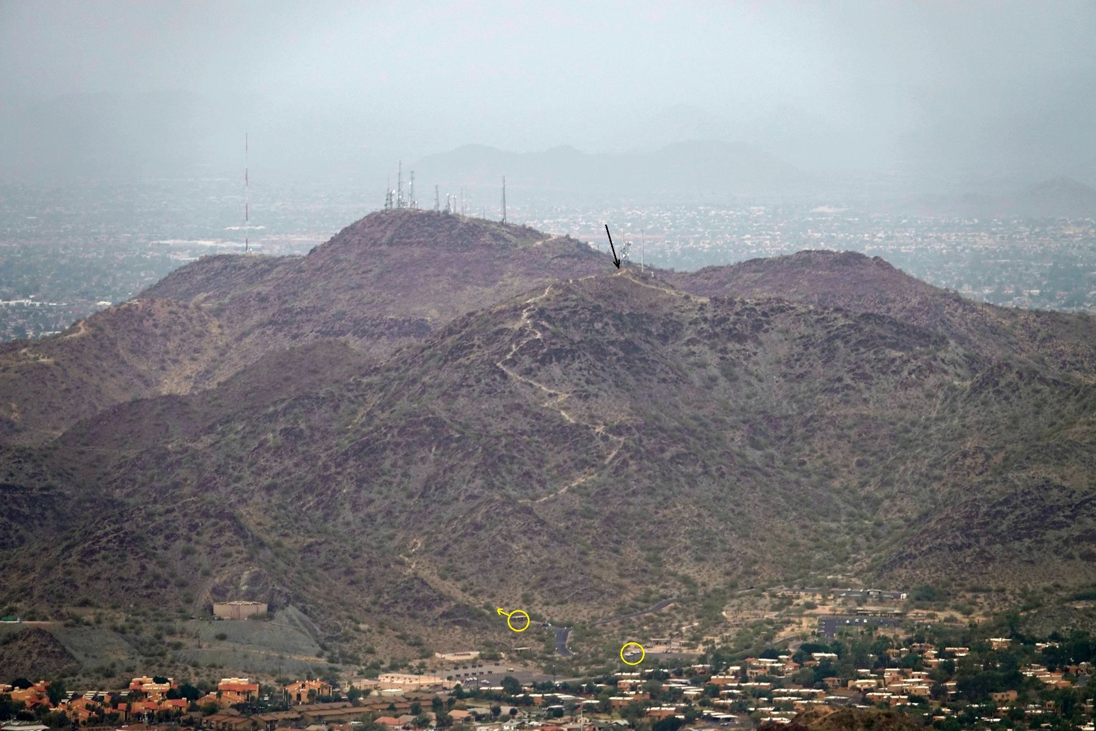 North Mountain - peak is marked with a black arrow.  Trail is clearly visible going up the mountain. Photo by Jim Walla.