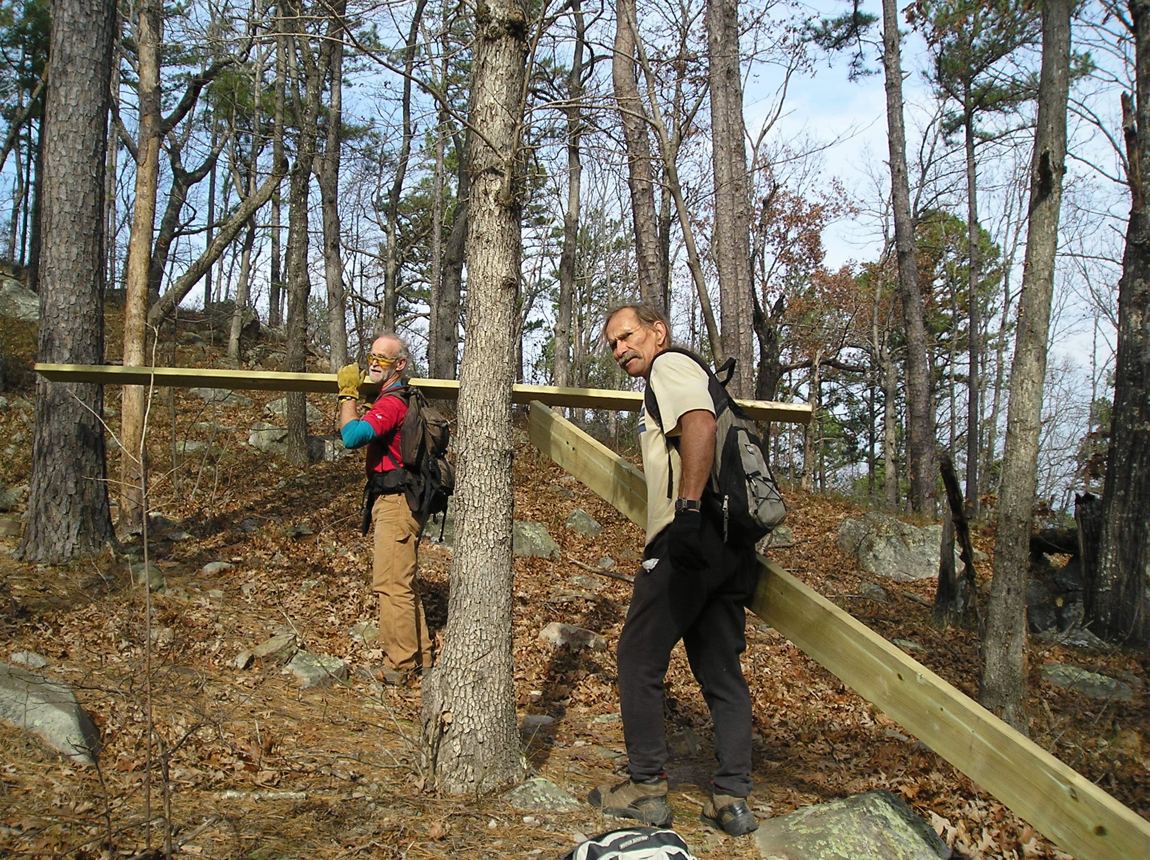 Volunteers building bridges on the Ouachita during the Western End Extravaganza! Photo by Loretta Melancon.