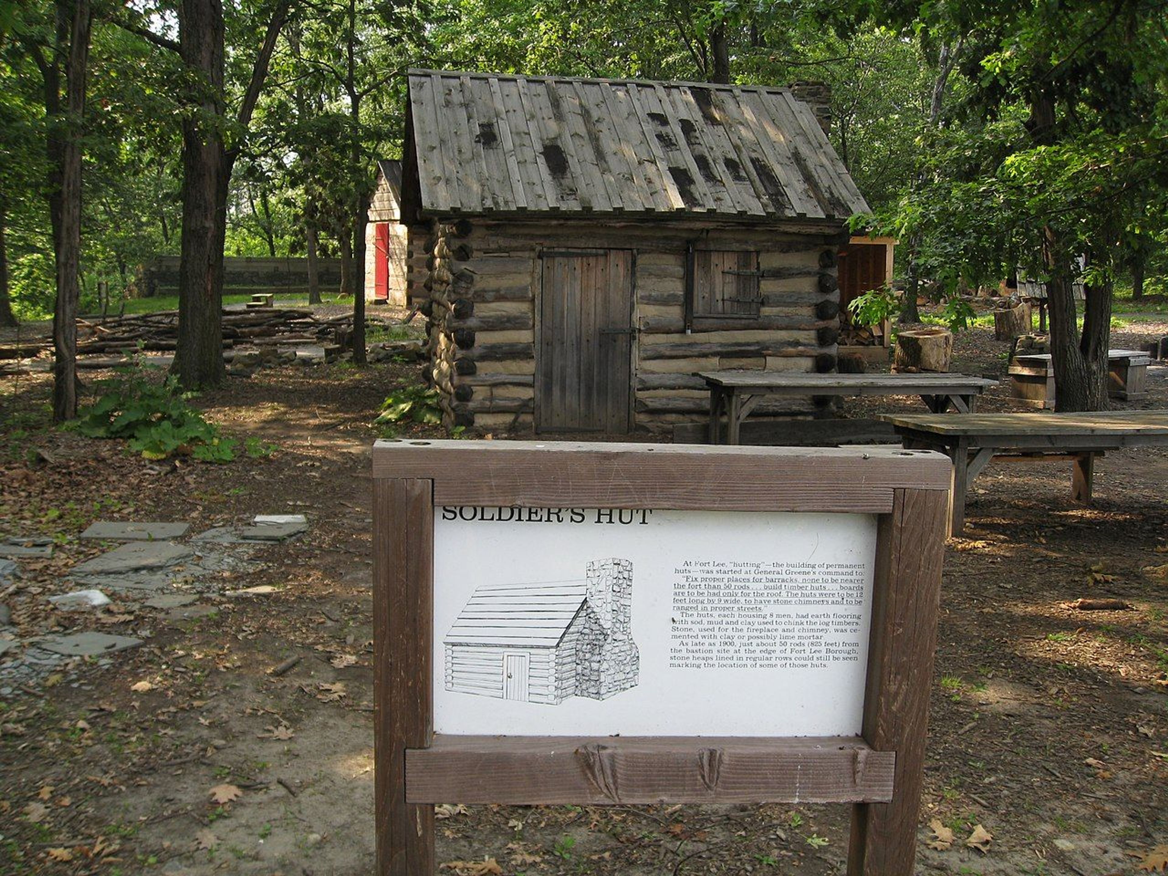 Soldier's hut and sign at Fort Lee Historic Park. Photo by Jlm06.