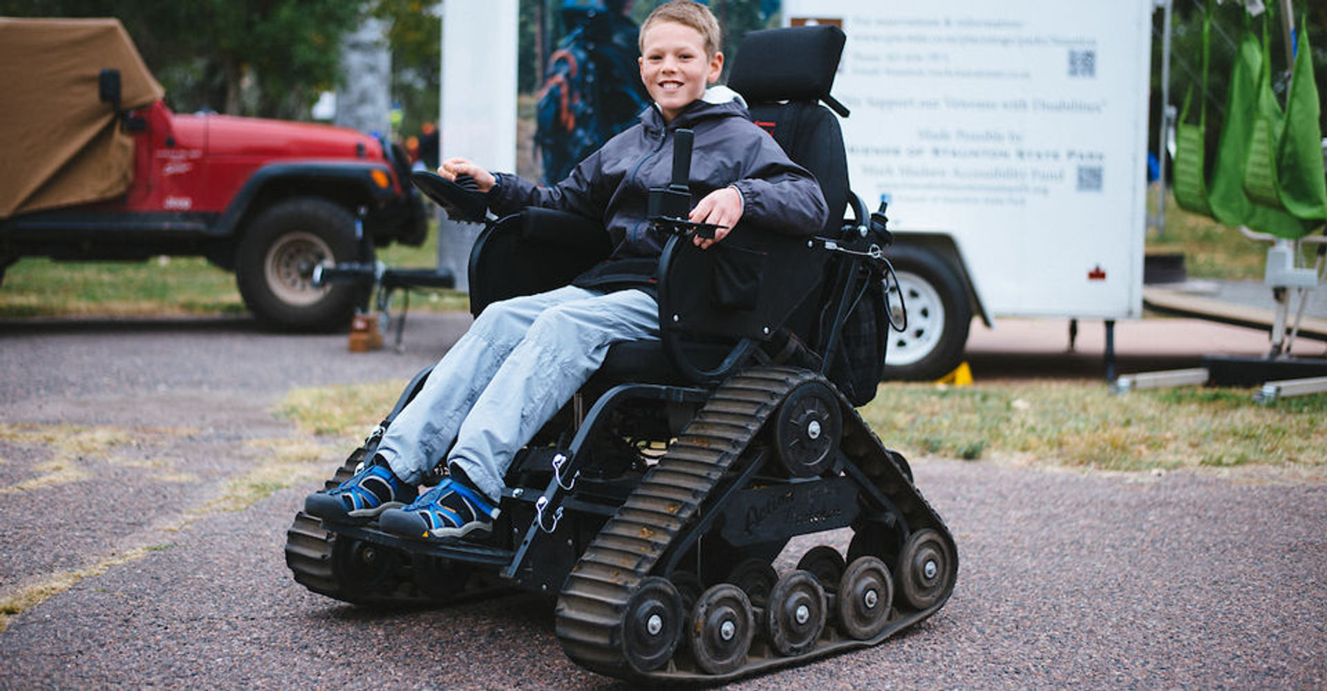 Photo of the Trackchair in use at Staunton State Park with a visitor