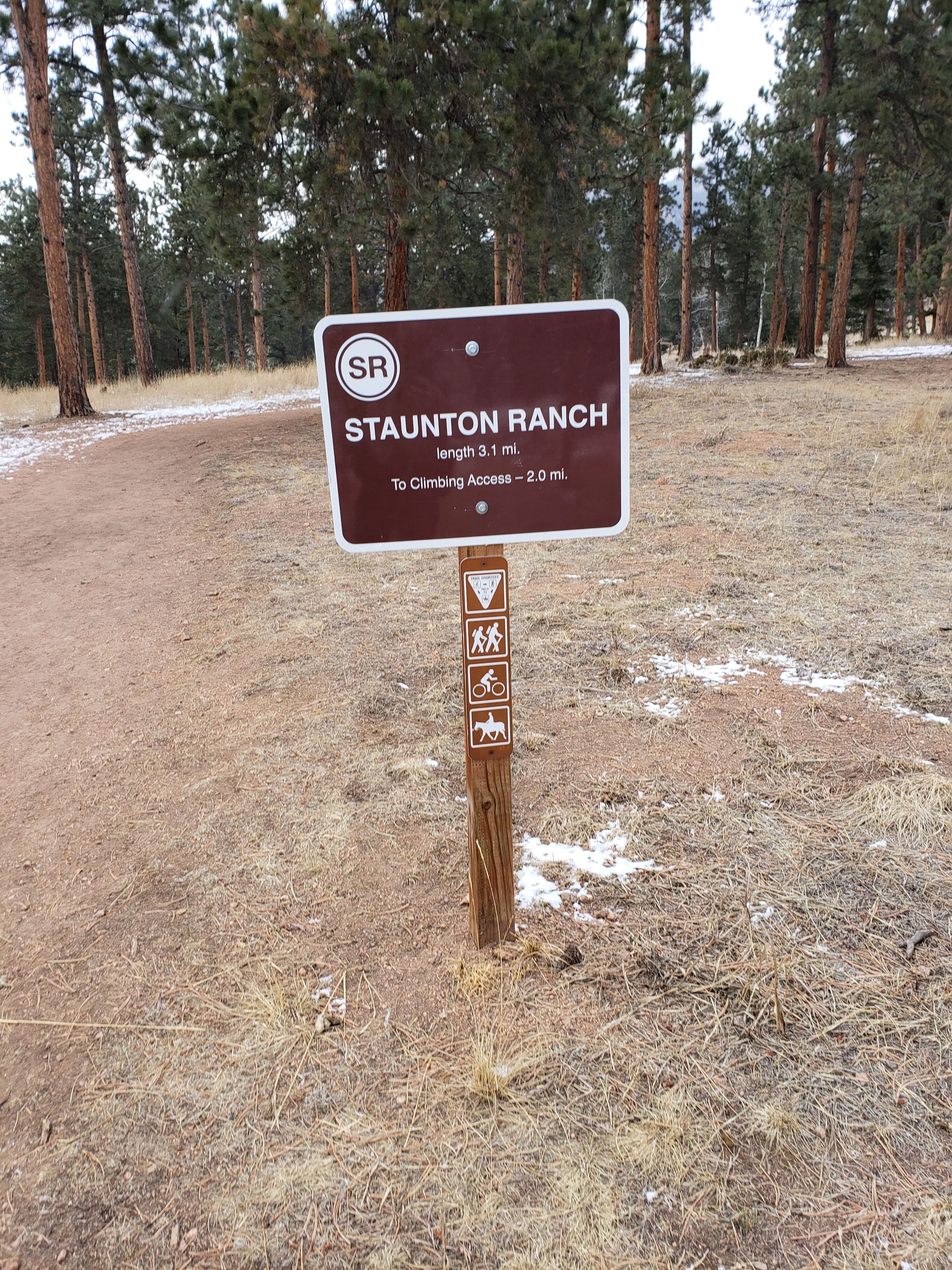 This is an example of the signage throughout Staunton State Park. Each sign lists the trail's name and length of the trail.