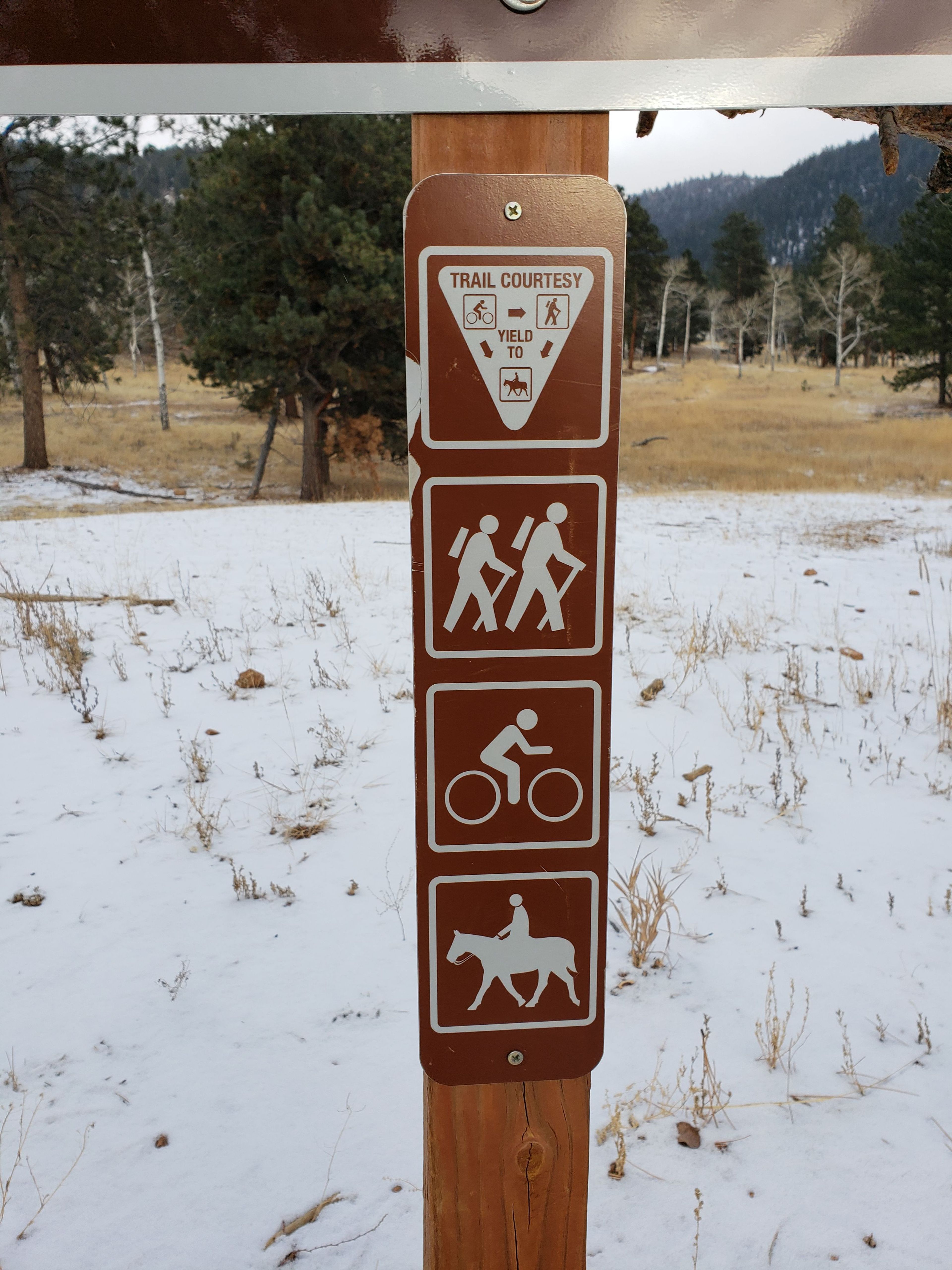 Each trail sign in Staunton State Park is accompanied with a smaller sign that states what trail user has the right-of-way as well as what user groups are permitted on the trail.