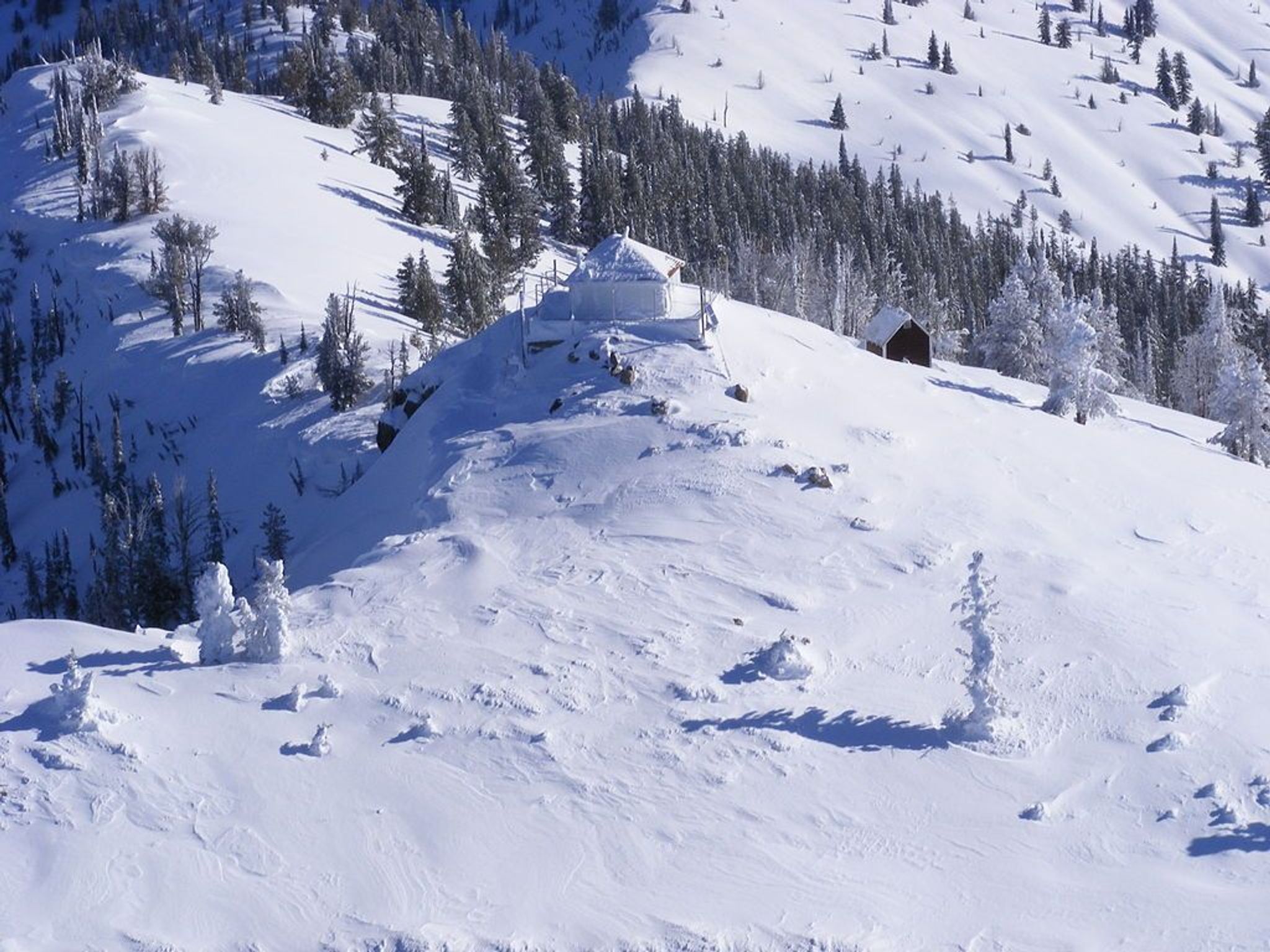 An aerial view of the Scott Mountain Lookout in Boise National Forest, Idaho in winter. Photo by USFS.