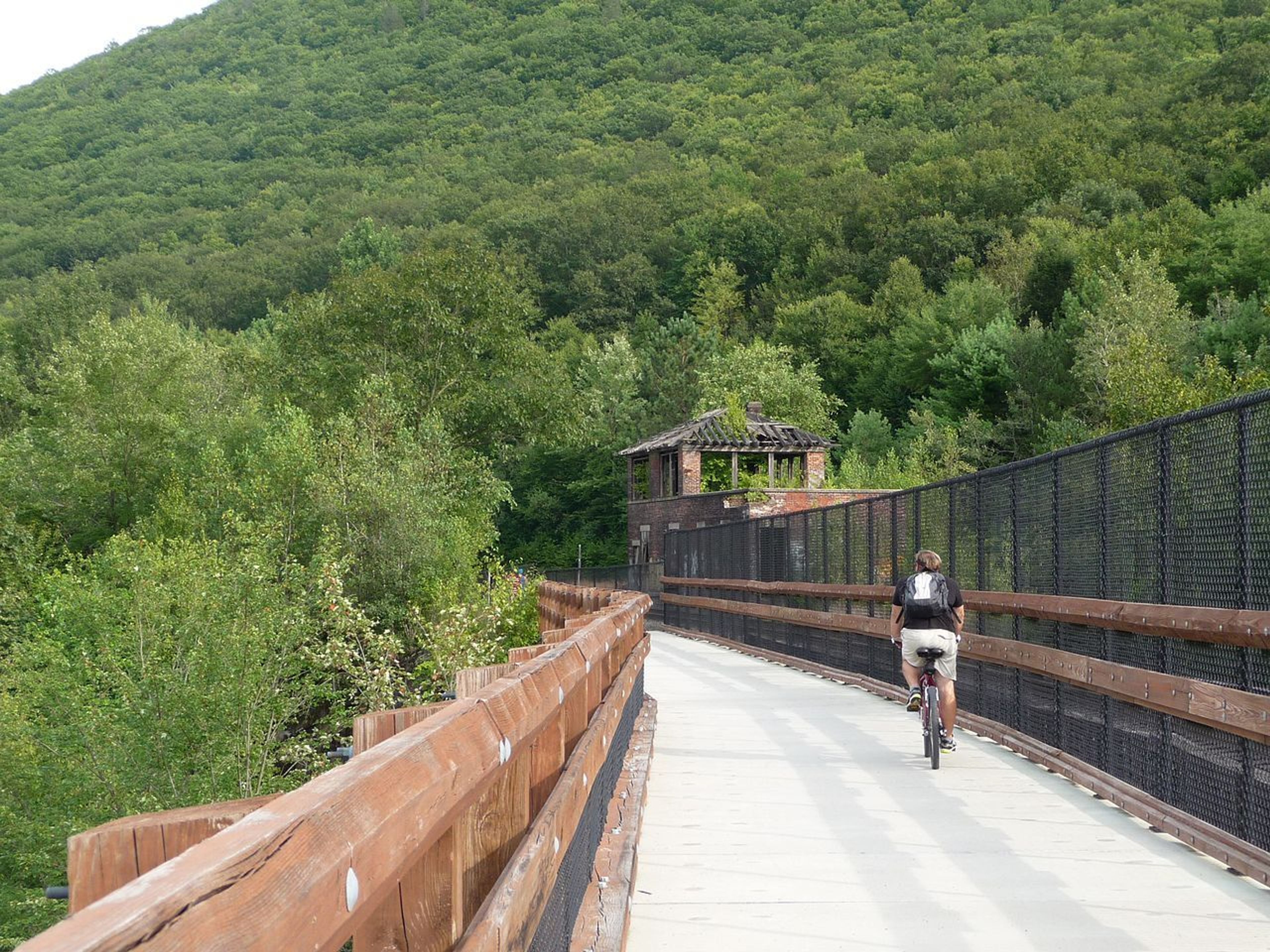 The bridge carrying the Lehigh Gorge Trail and a railroad over the Lehigh River in Jim Thorpe, PA. Photo by Listroiderbob2.