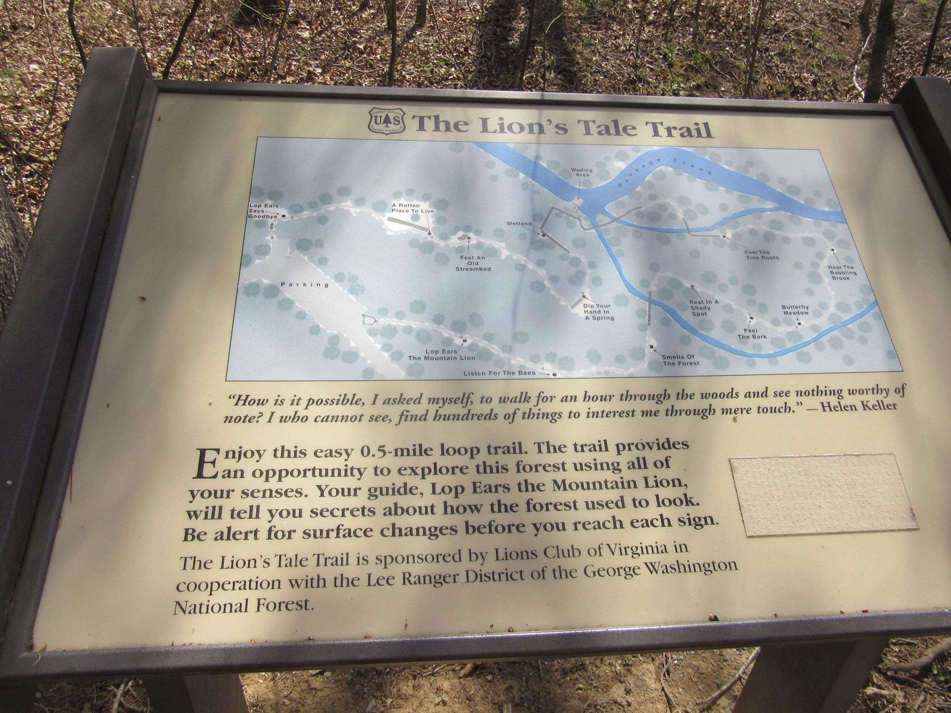 One of the braille interpretive signs on the trail. Photo by Lions Club: Basye-Bryce Mtn.