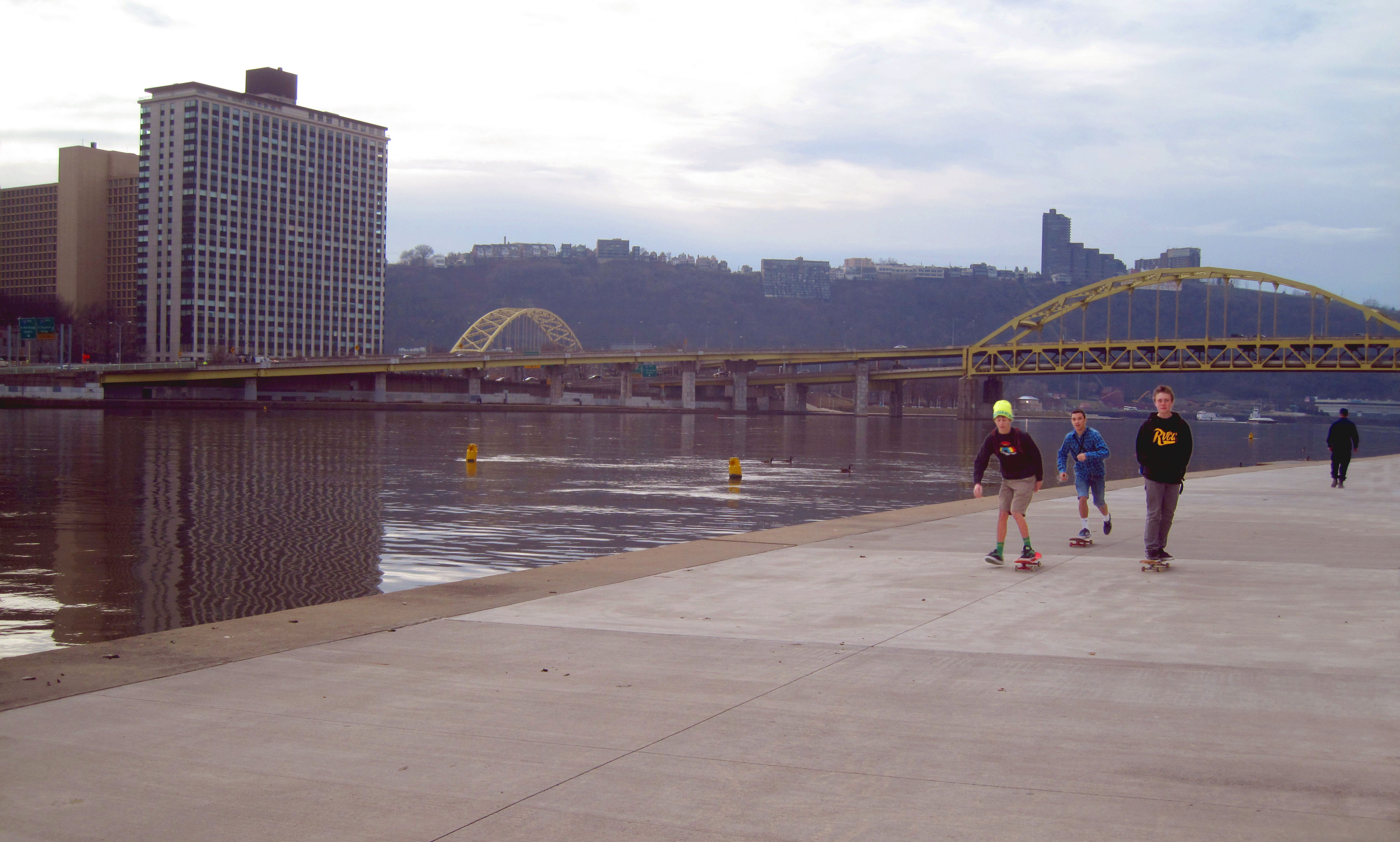 Skateboarders by the stadium. Photo by Mary Shaw.