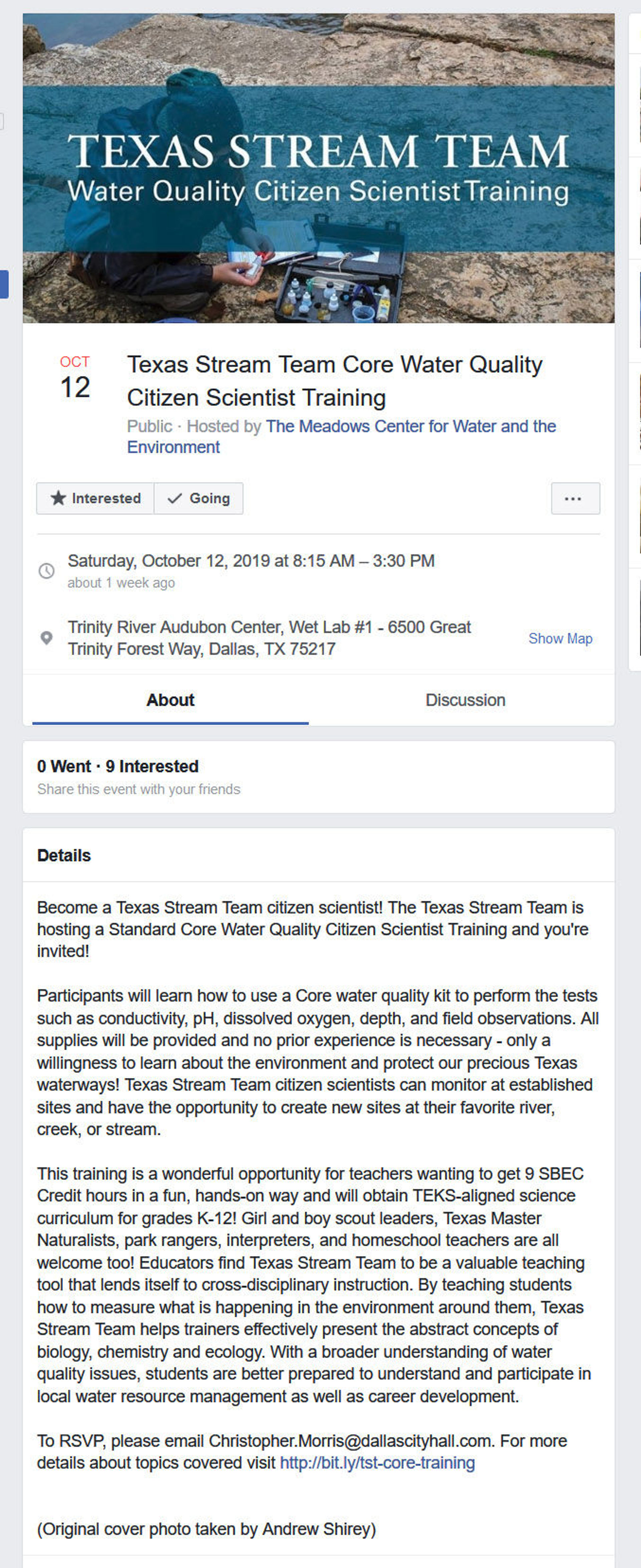 Event listing about Stream Team Training at Trinity River Audubon Center.