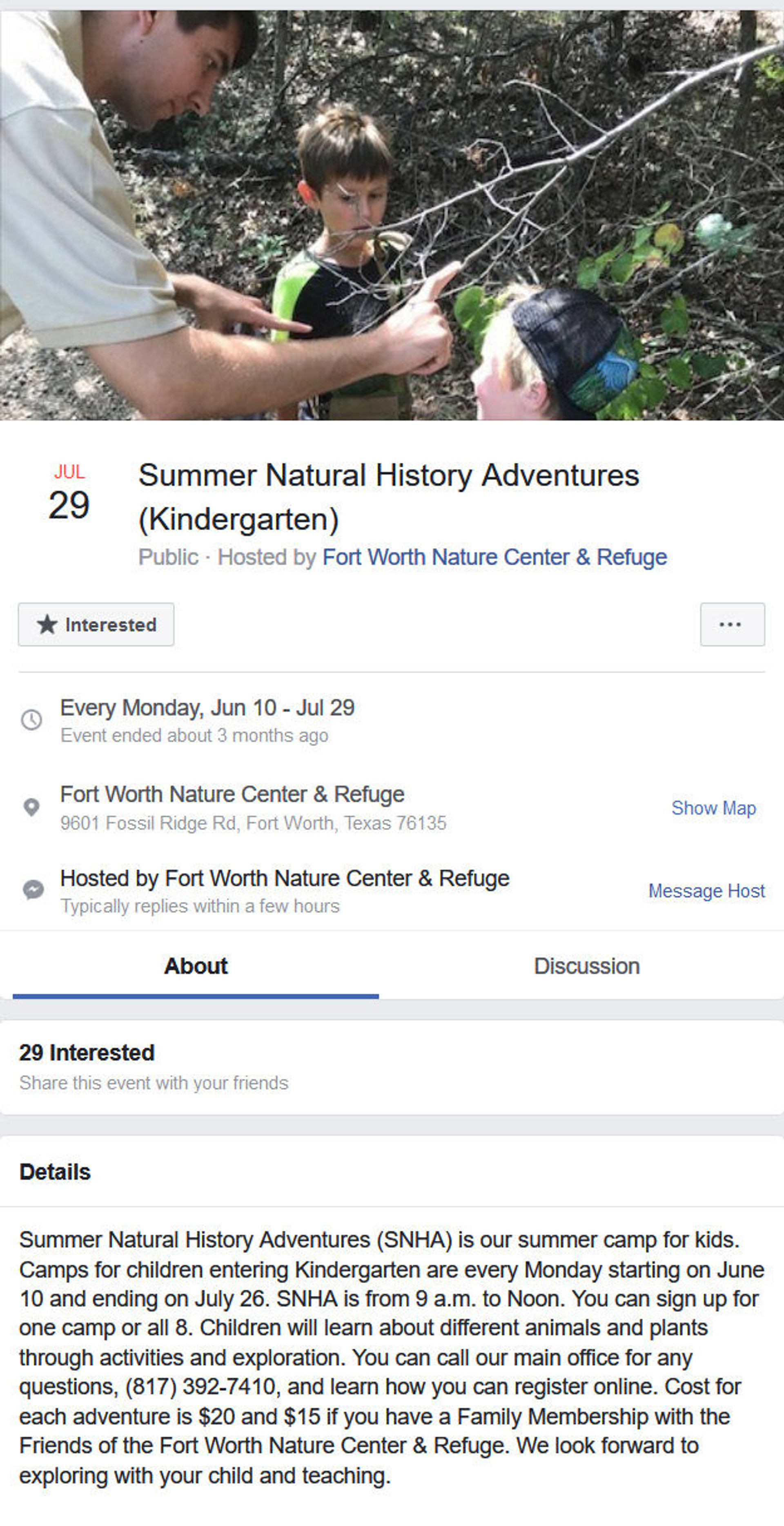 Event listing Natural History Adventure at Fort Worth Nature Center.