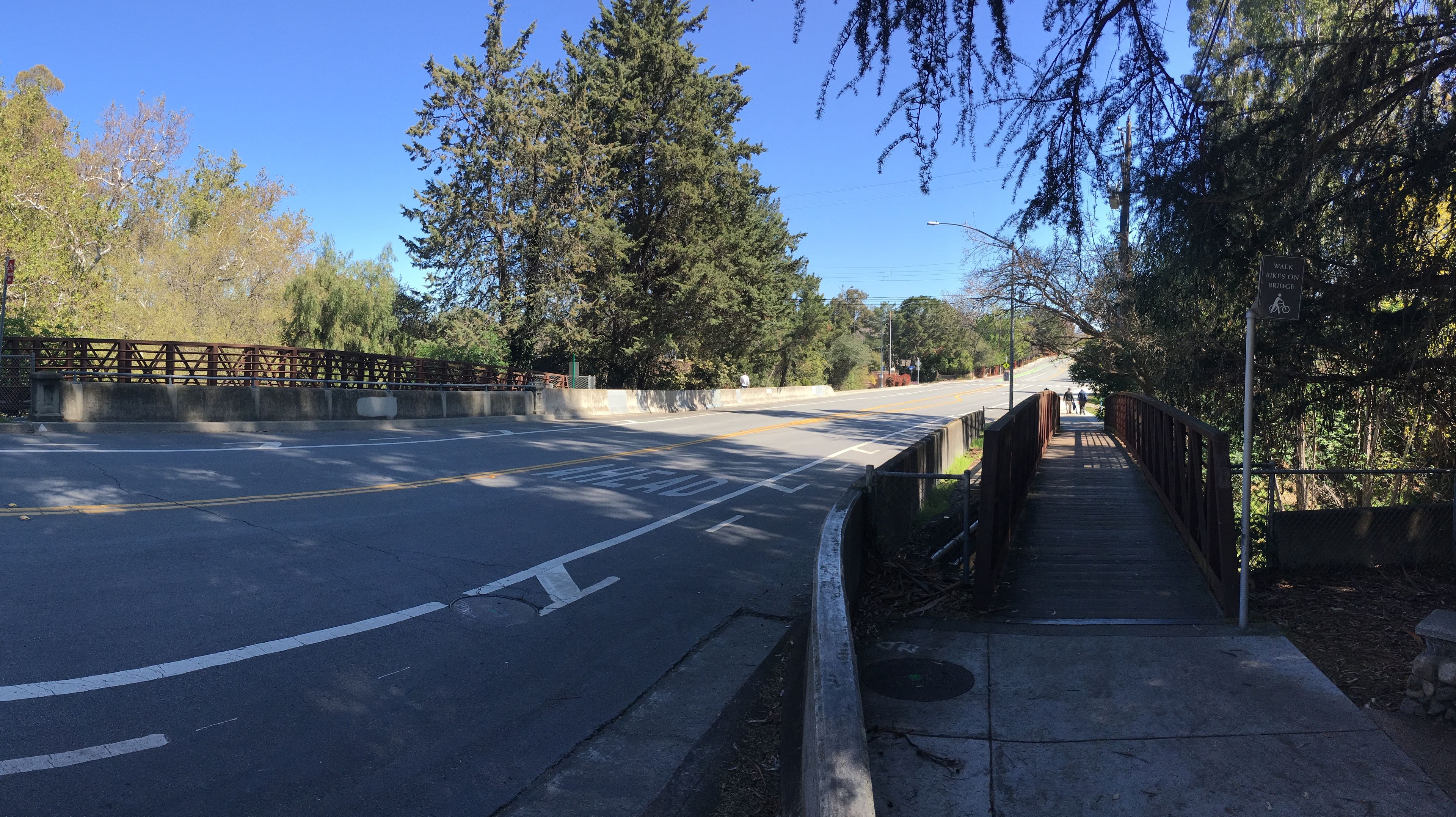 View east on Stevens Creek Blvd in Cupertino from the end of Stevens Creek Trail at the Stocklmeir Farm.