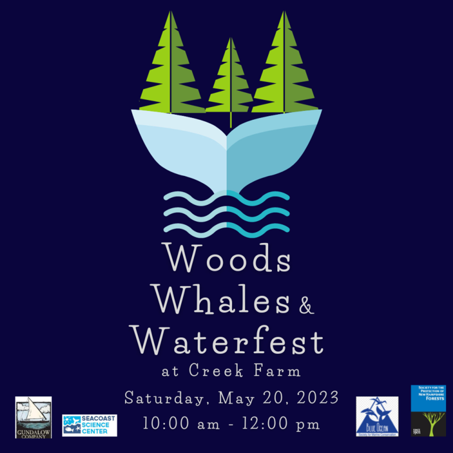 An illustration of a whale's tail with water underneath and trees on top with the sponsors' logos.