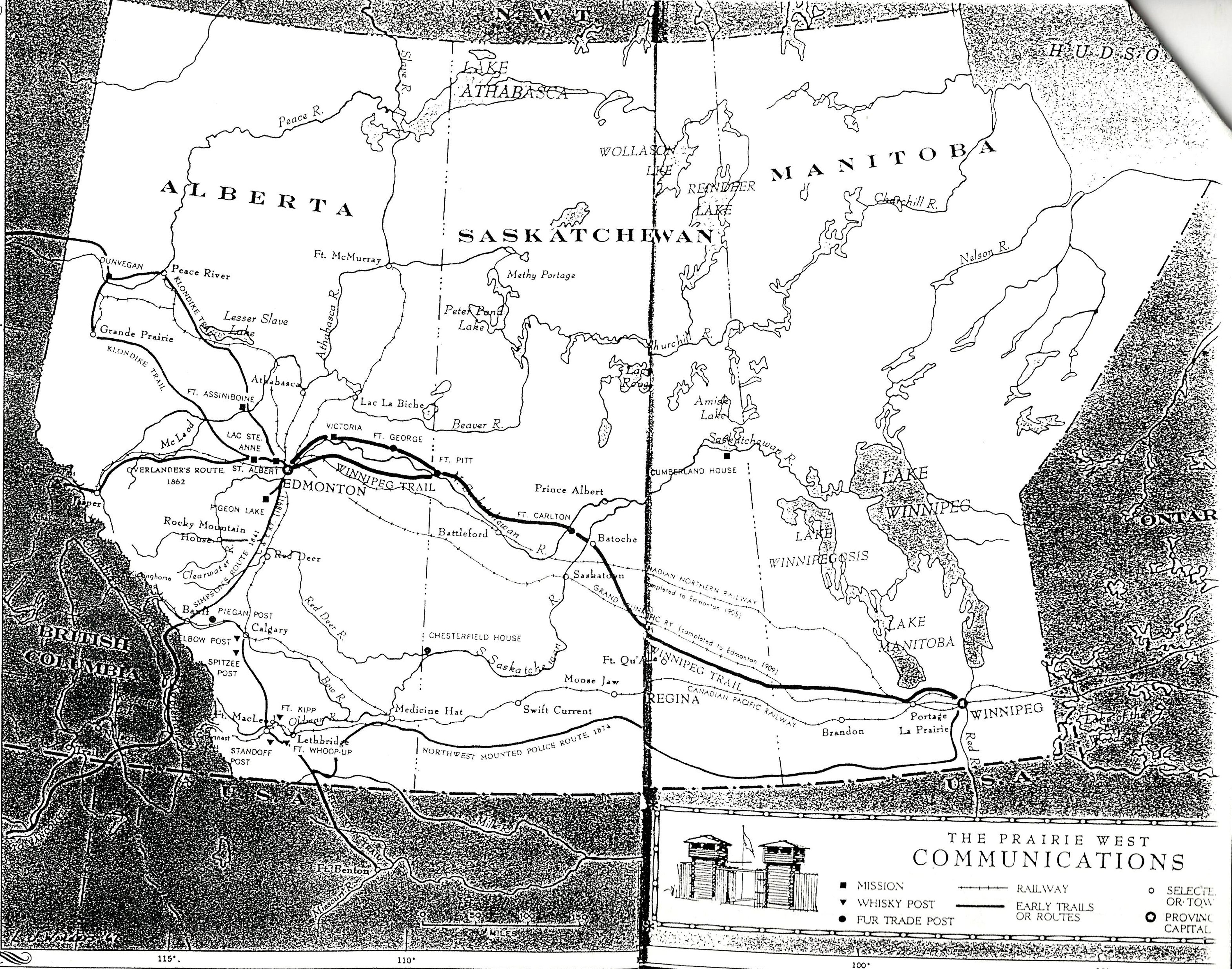 Map of the Carlton Trail from Edmonton to Winnipeg