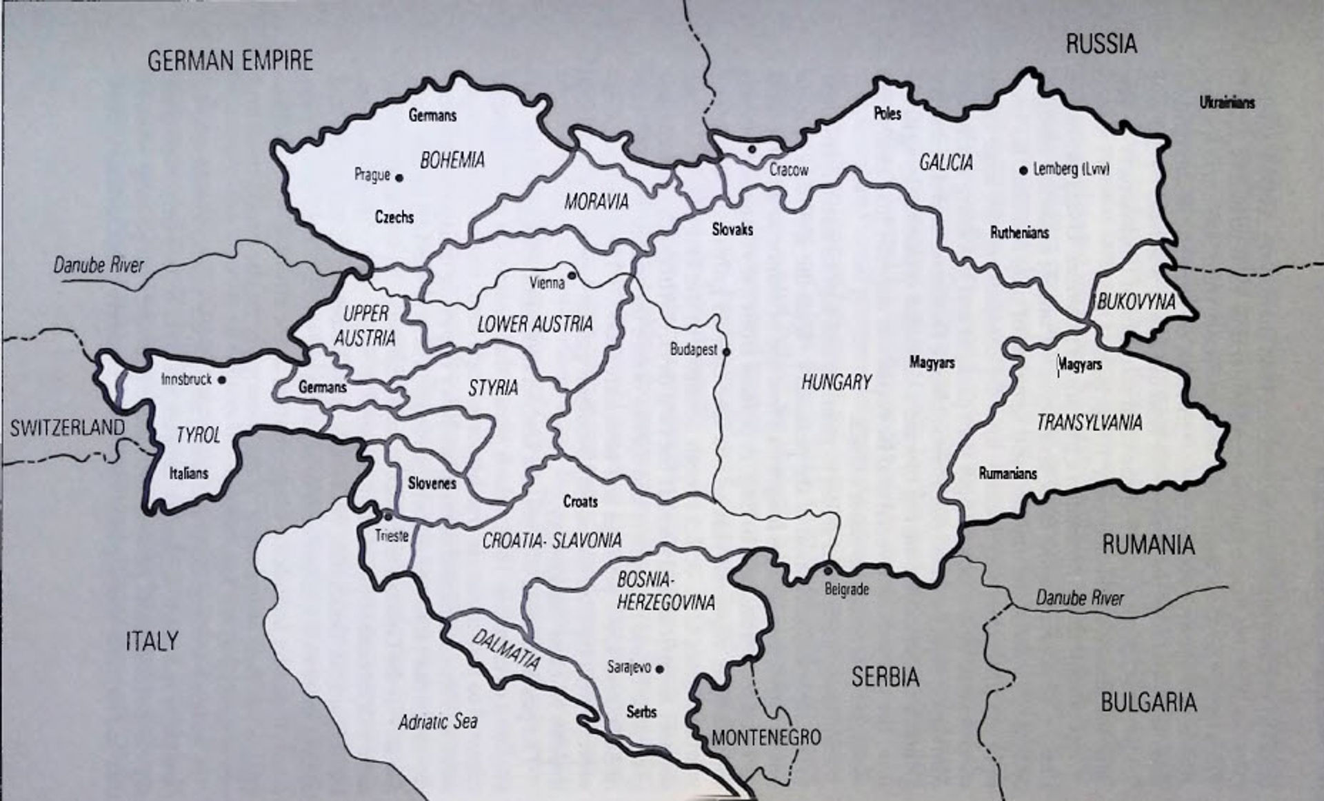 Austo Hungarian Empire about 1900 showing Galica and Bukovina where most Ukrainian immigrants came from