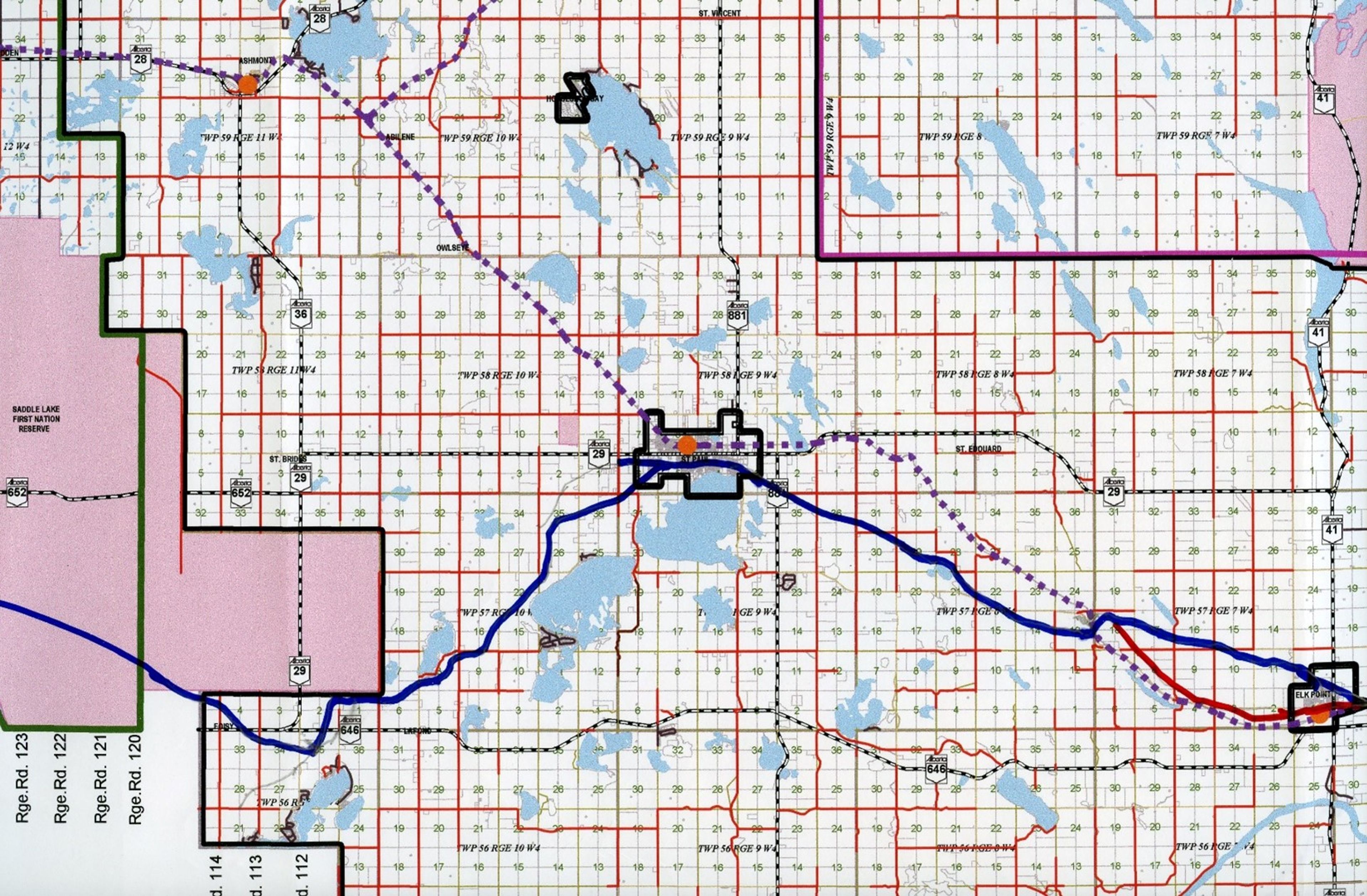 Map showing Carlton Trail from Saddle Lake to Elk Point