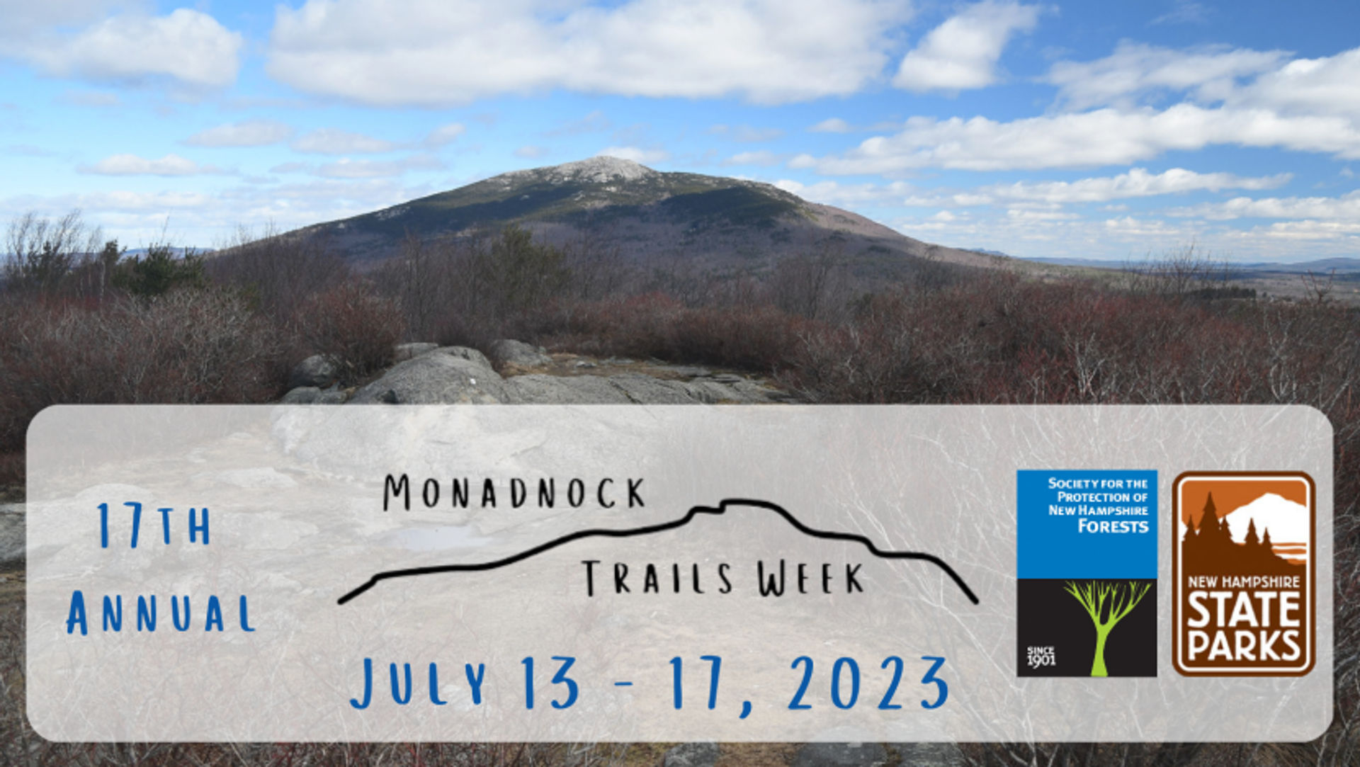 A photo of the Mt Monadnock summit in the distance with the logos of the Forest Society and NH State Parks.