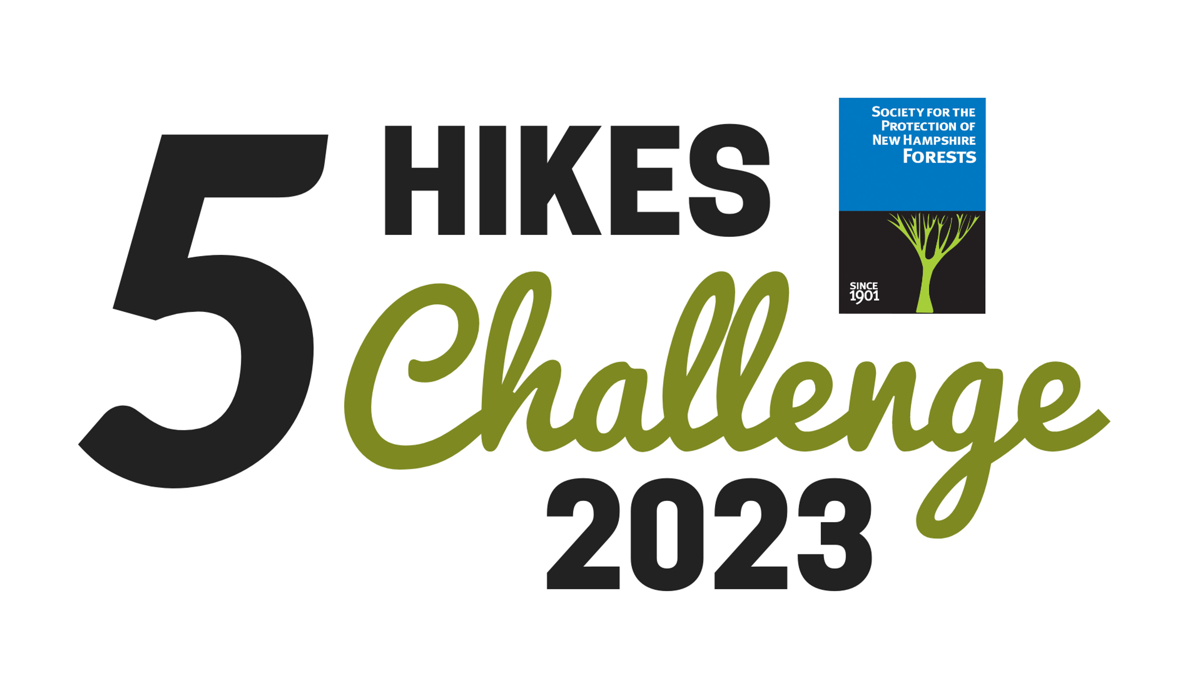The logo for 5 Hikes Challenge 2023 with the logo of the Forest Society inside it.