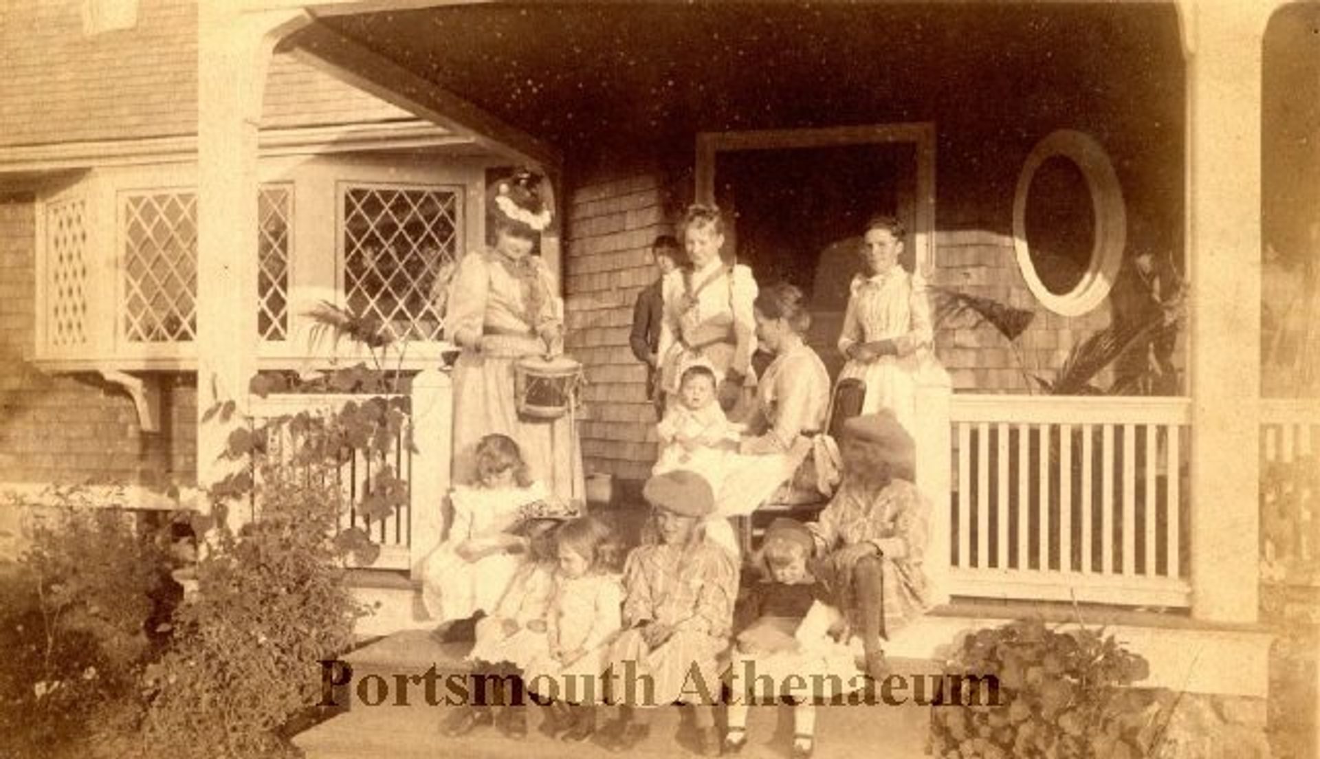 Henry Reginald Carey's 1st birthday. Agnes Carey, Hilda Whiteside, Jenny (Coolidge children's nurse), Katie Hubbard (with H.R.C.), Eleanor & Ned Hubbard; Louise, Katrine, Jack, and Molly Coolidge.