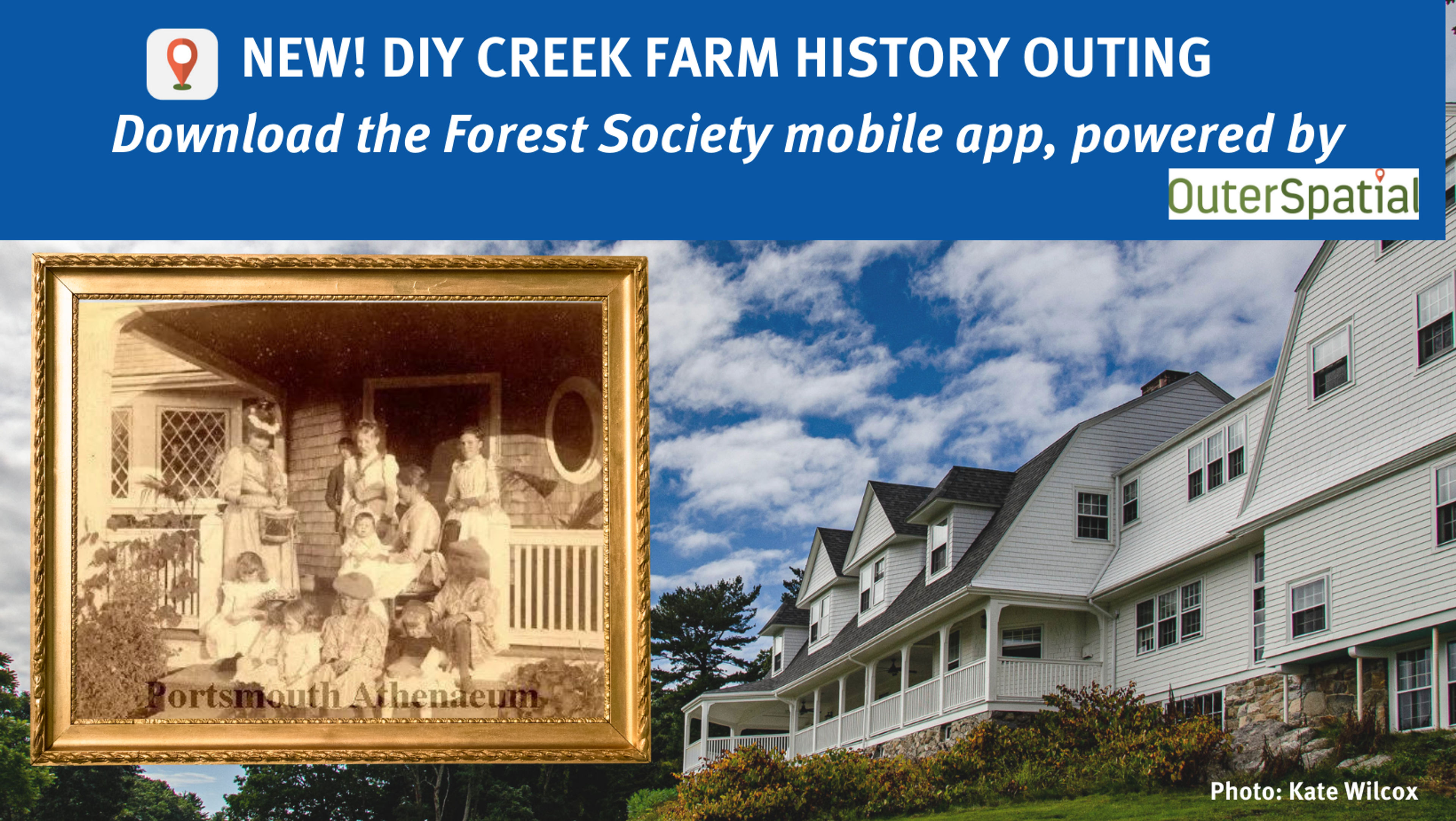 NEW! DIY Creek Farm History Outing advertisement with a historic photo of Carey Cottage.