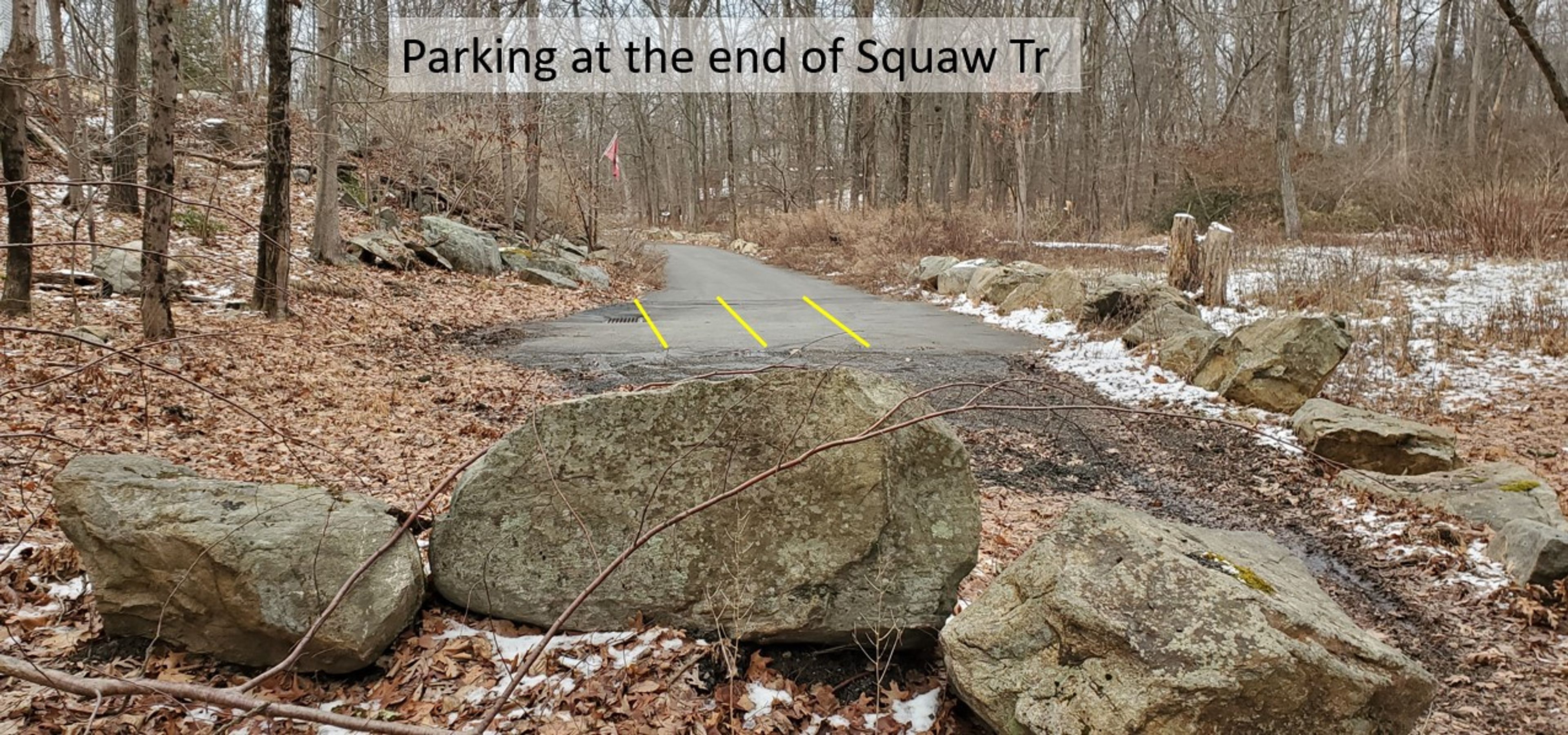 The parking at the end of Squaw Tr (the street) is limited to 2-3 three cars. Provides direct access to the Lake Hopatcong Trail Spur.