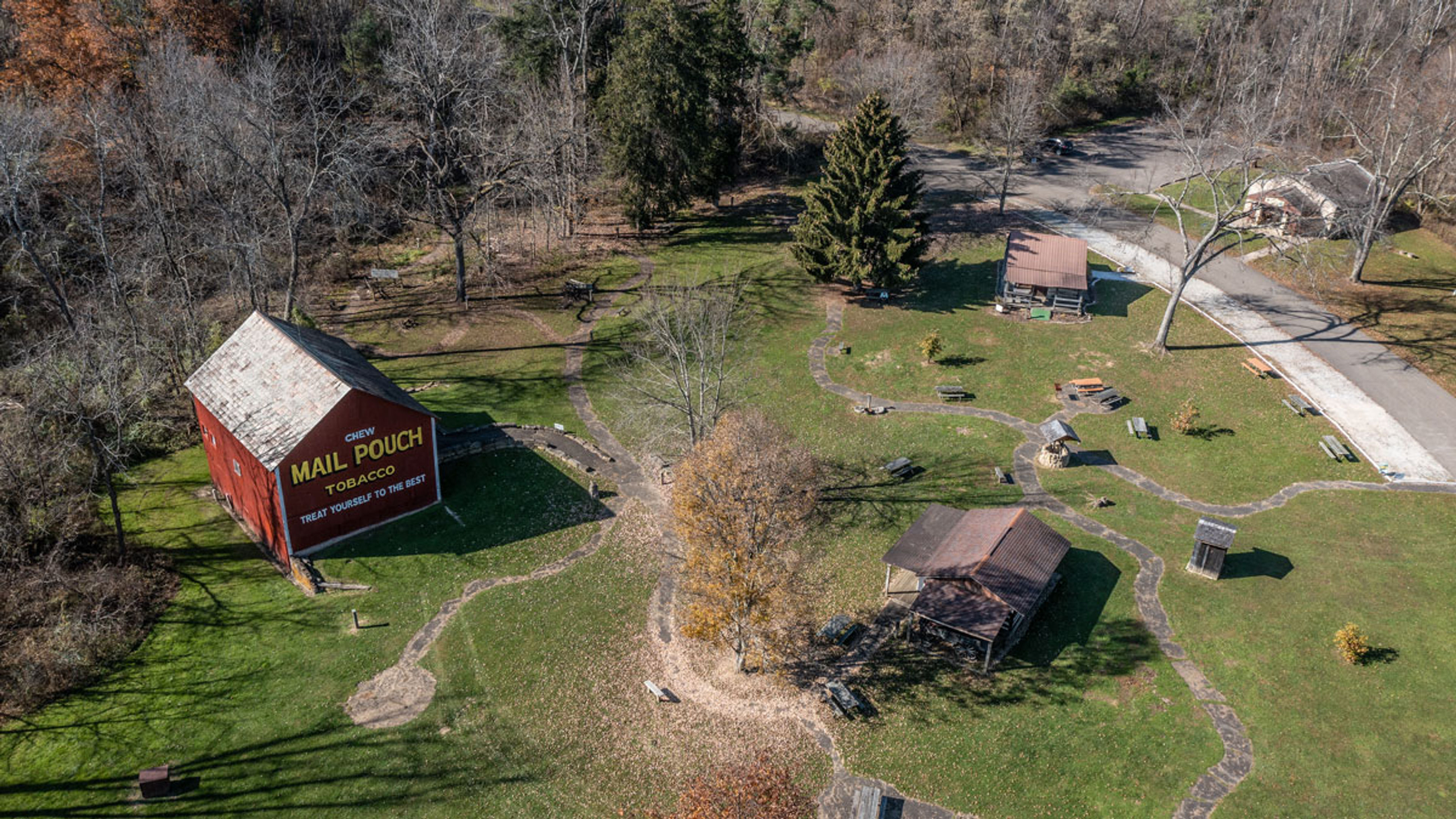 barkcamp state park drone view of the red barn and trails