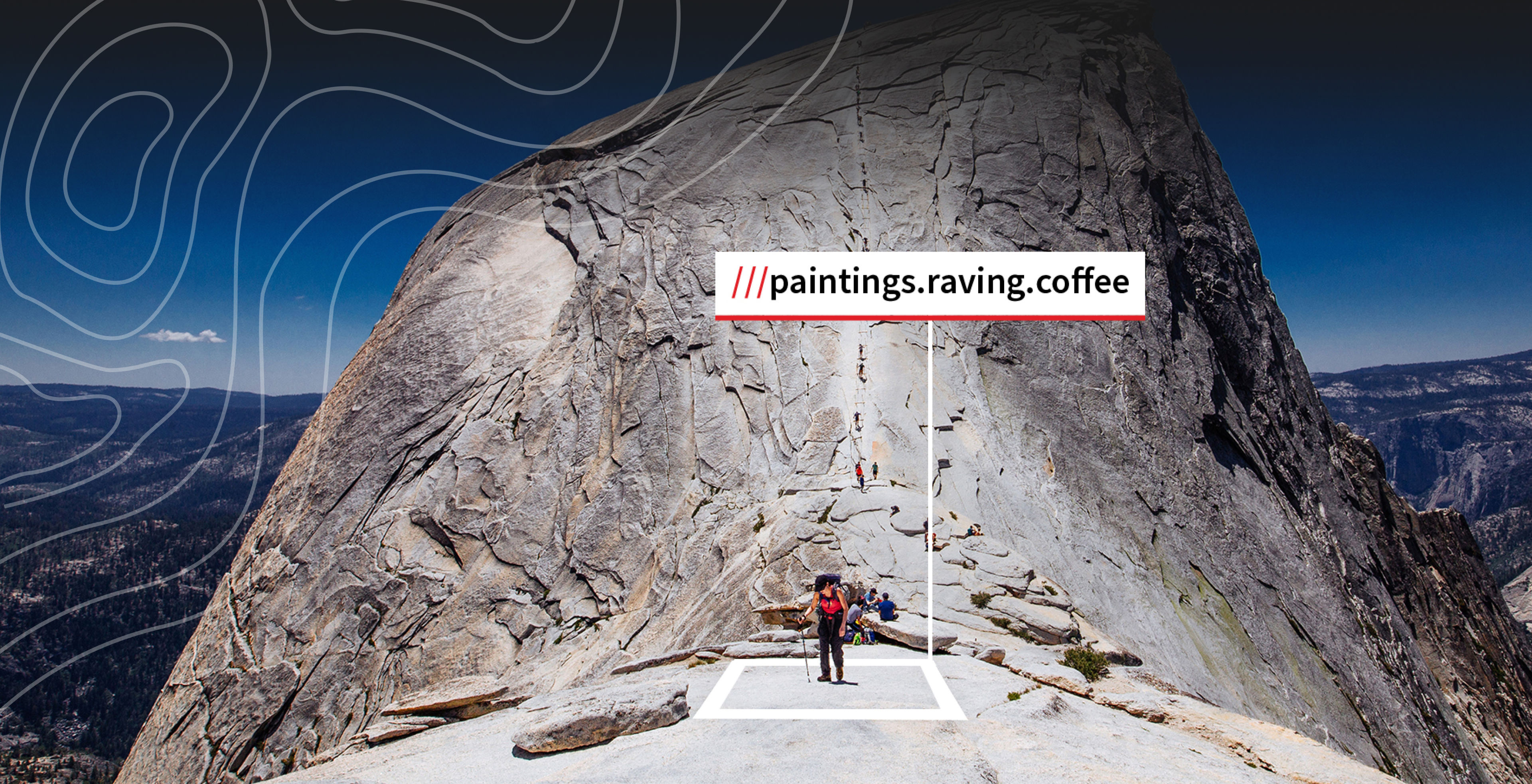 A photo showing a hiker on Half Dome in Yosemite National Park, with a graphic depicting the what3words address for their current location.