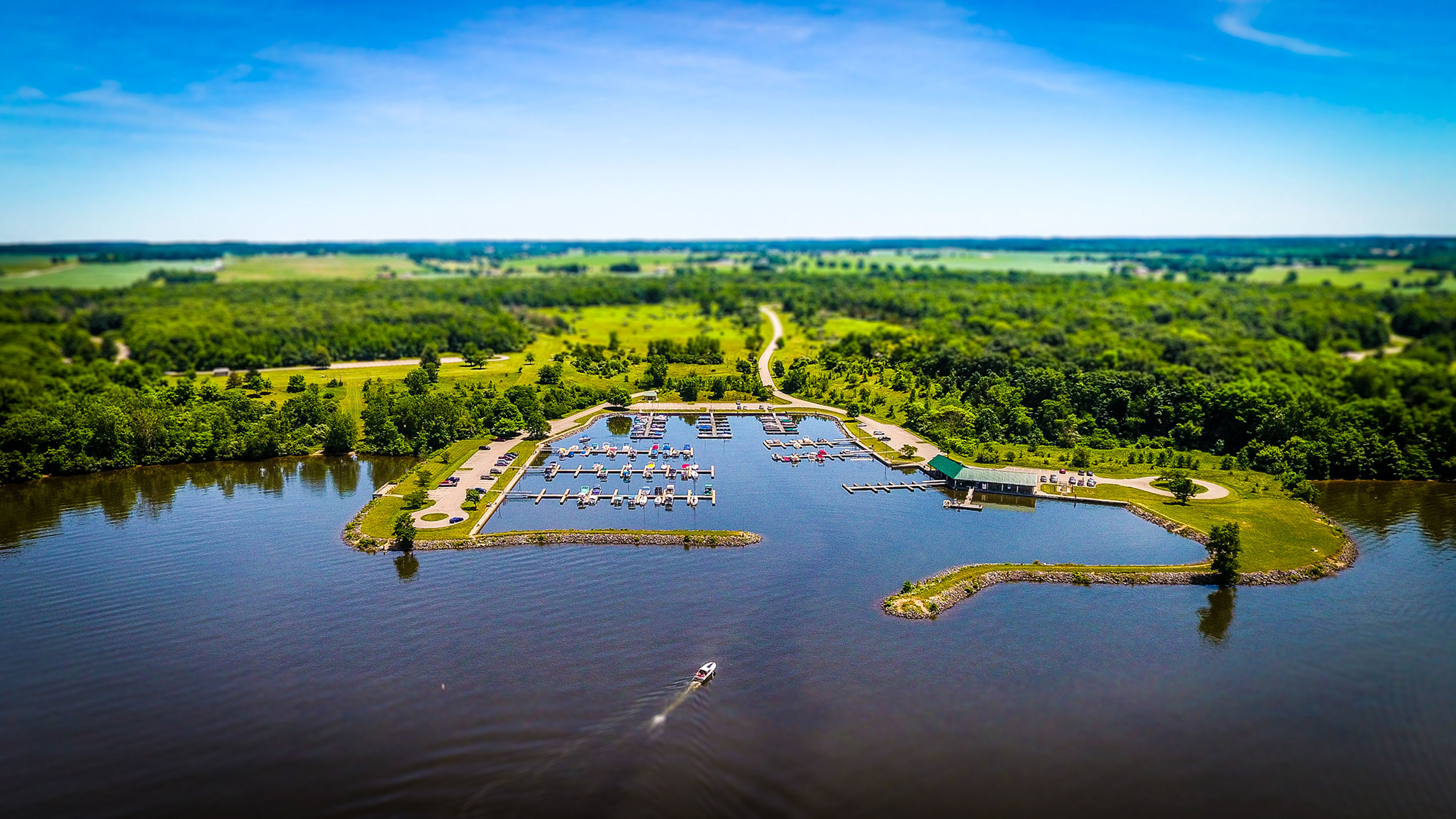 aerial view of Buck Creek Lake Marina with blue skies