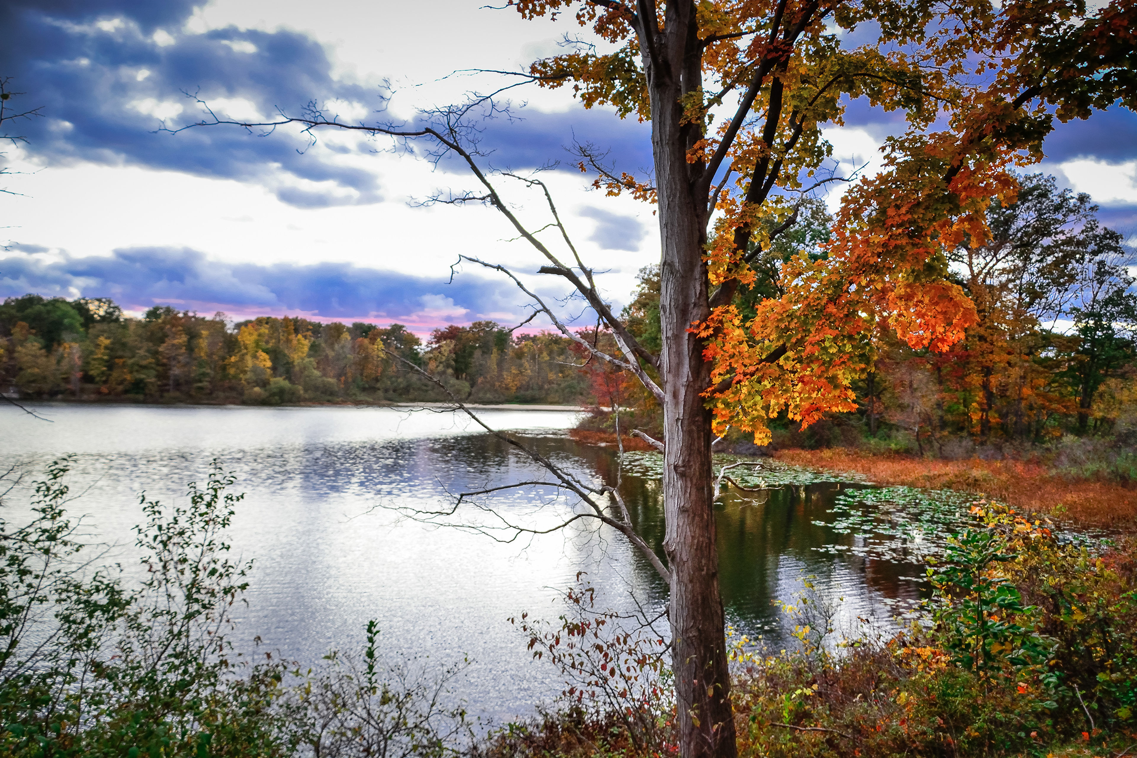 view of punderson lake in the fall with dramatic blue cloudy skies and a reflection across the water