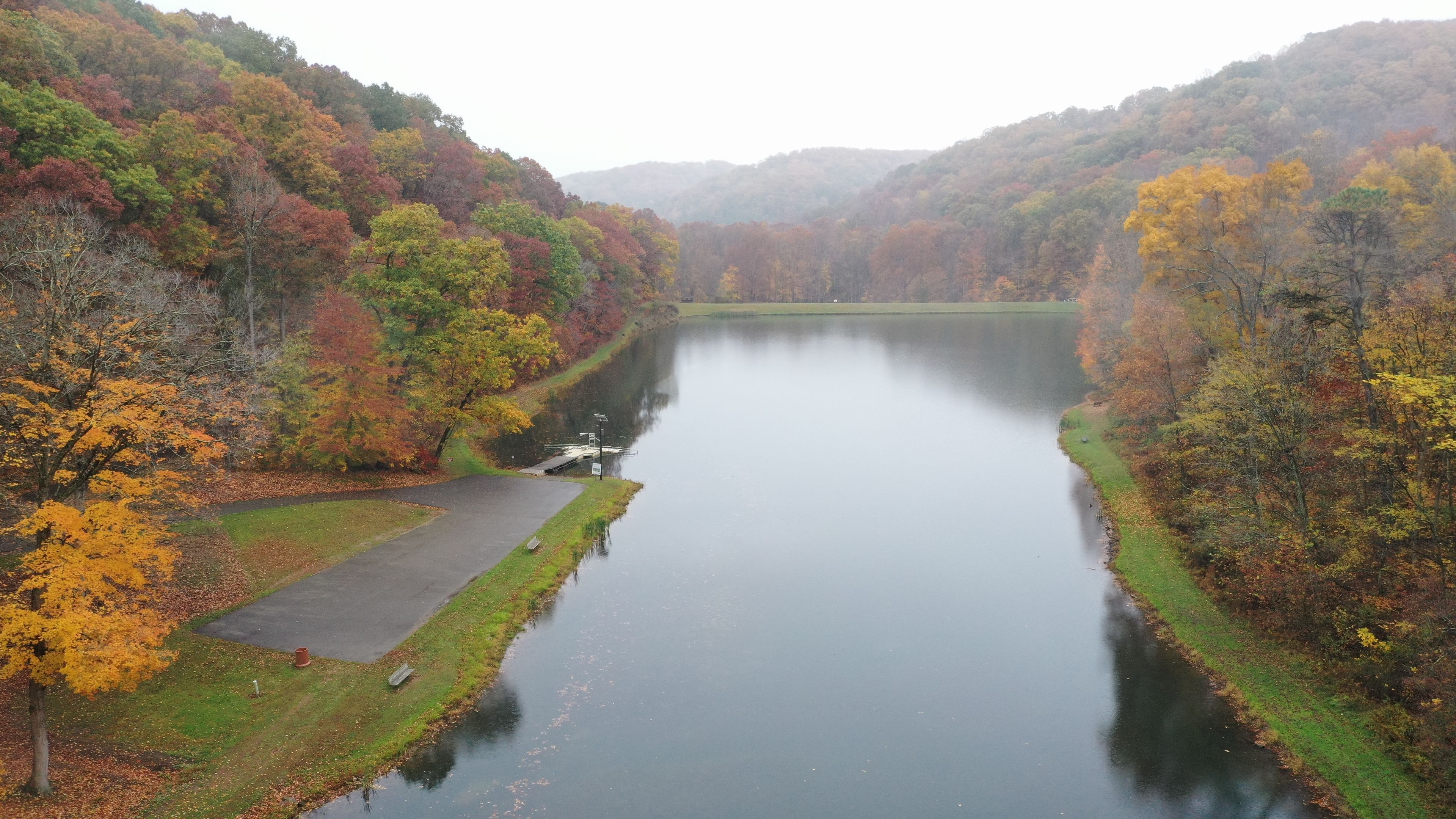 aerial view of pike lake at tar hollow on a fall day