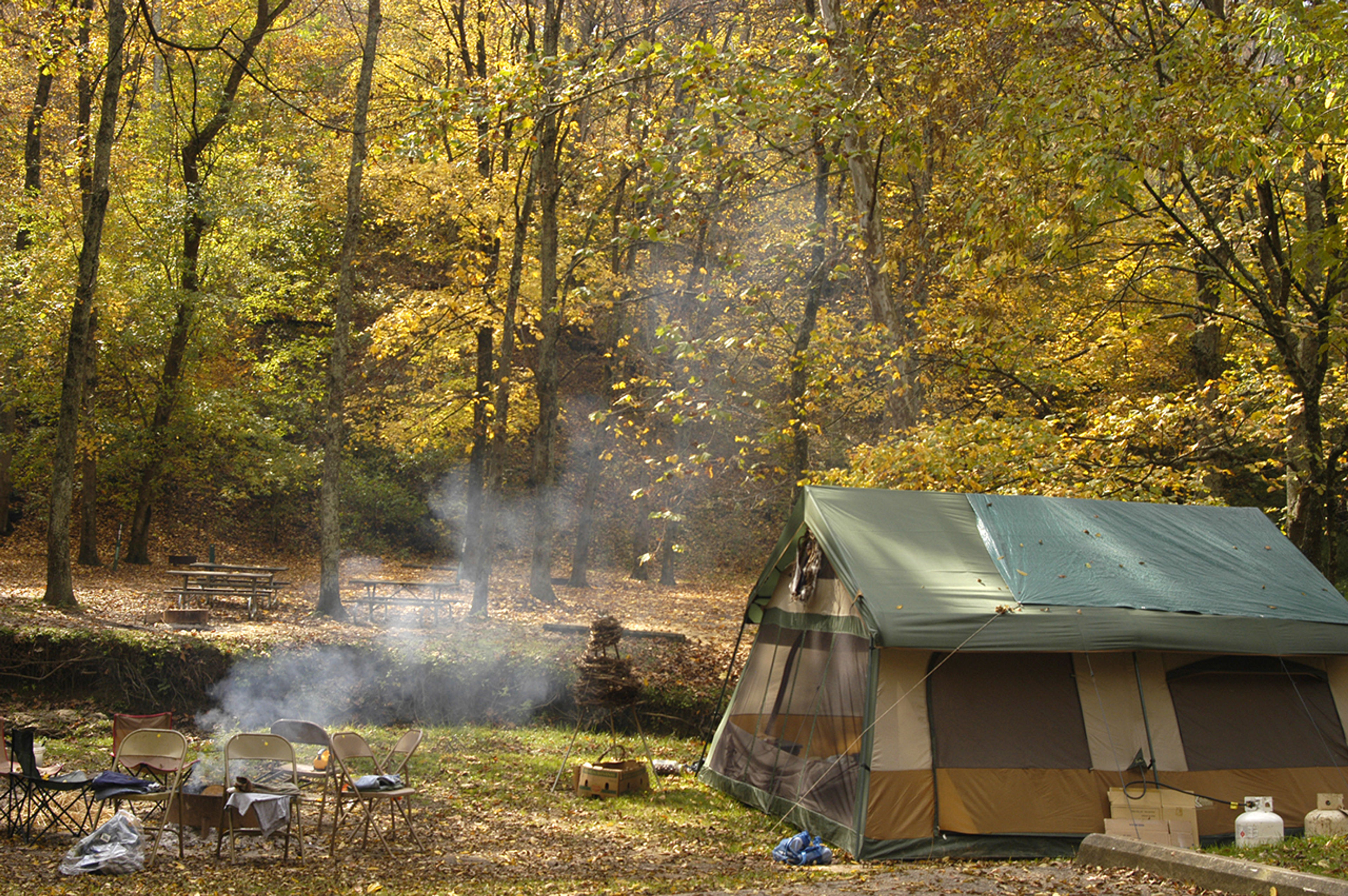 A campsite in a wooded area at Blue Rock State Park.