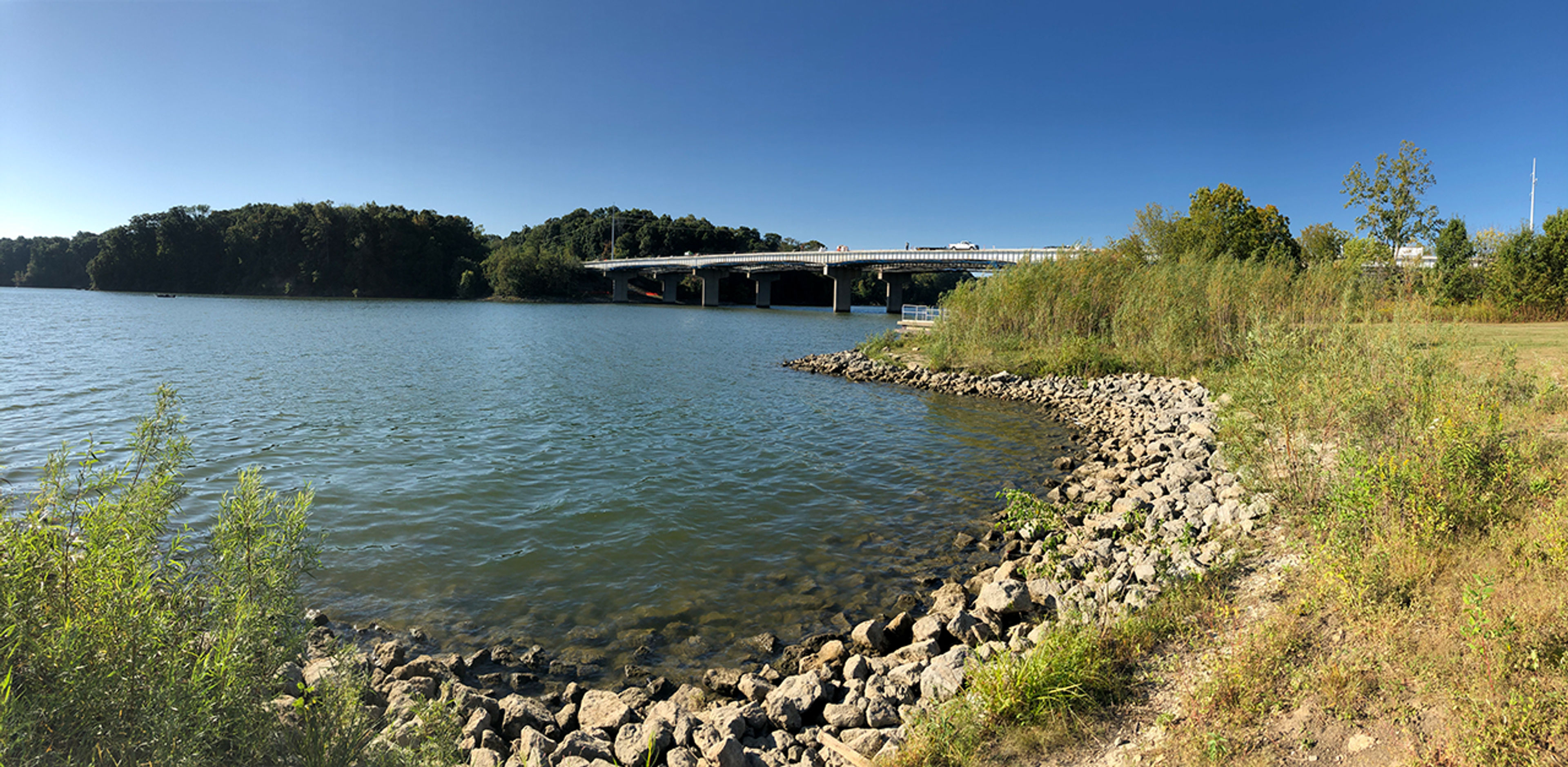 Panoramic view of a bridge over Caesar Creek Lake at Caesar Creek State Park.