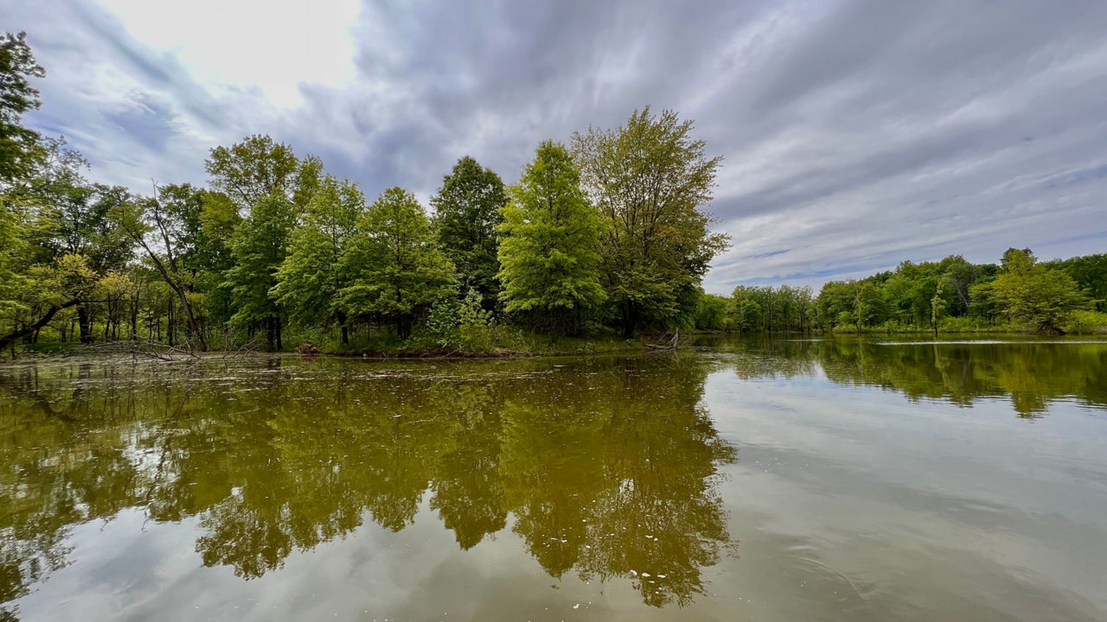 Delaware Lake and trees lining the shoreline at Delaware State Park.