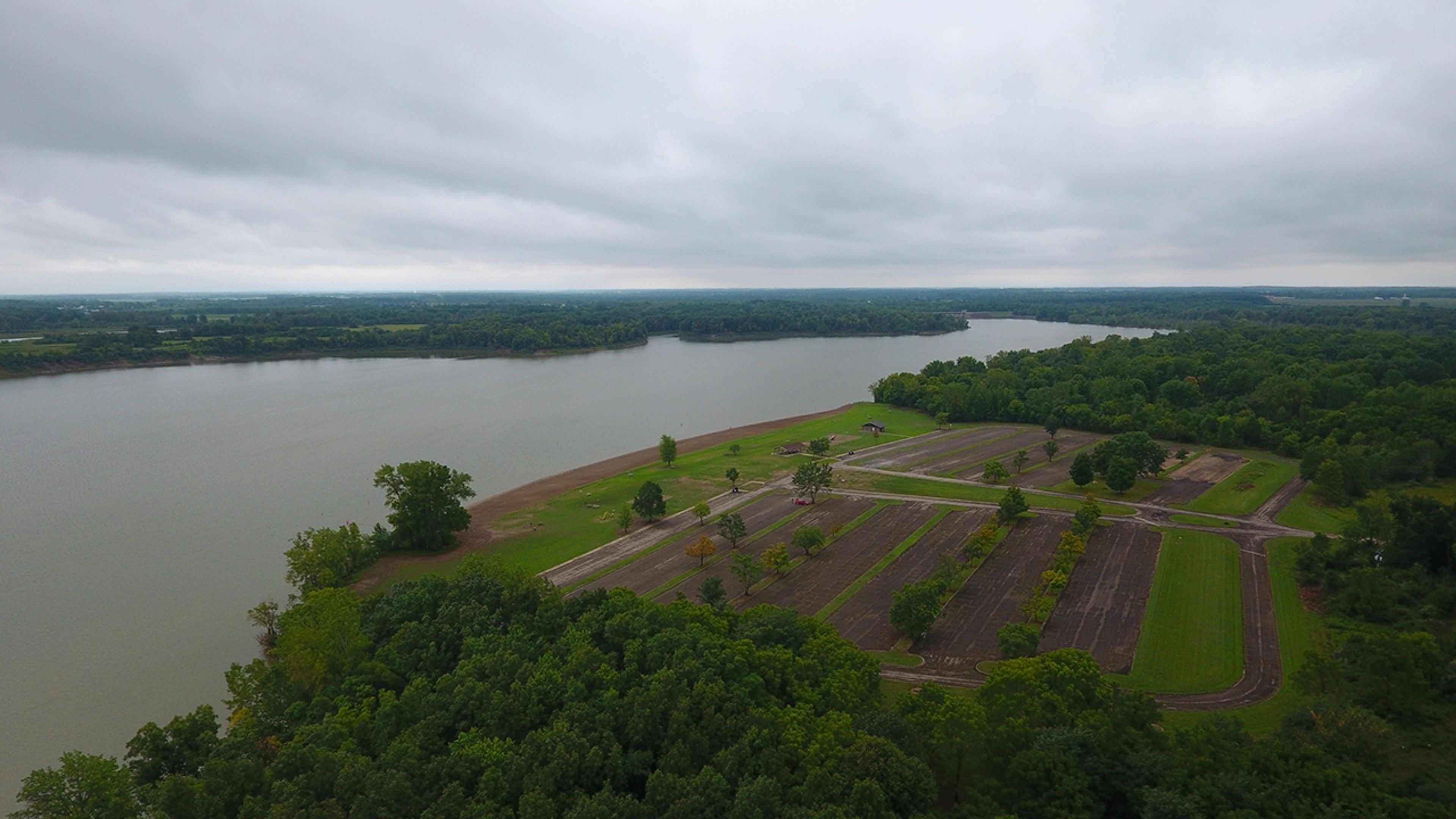 Aerial view of the Delaware Lake at Delaware State Park.