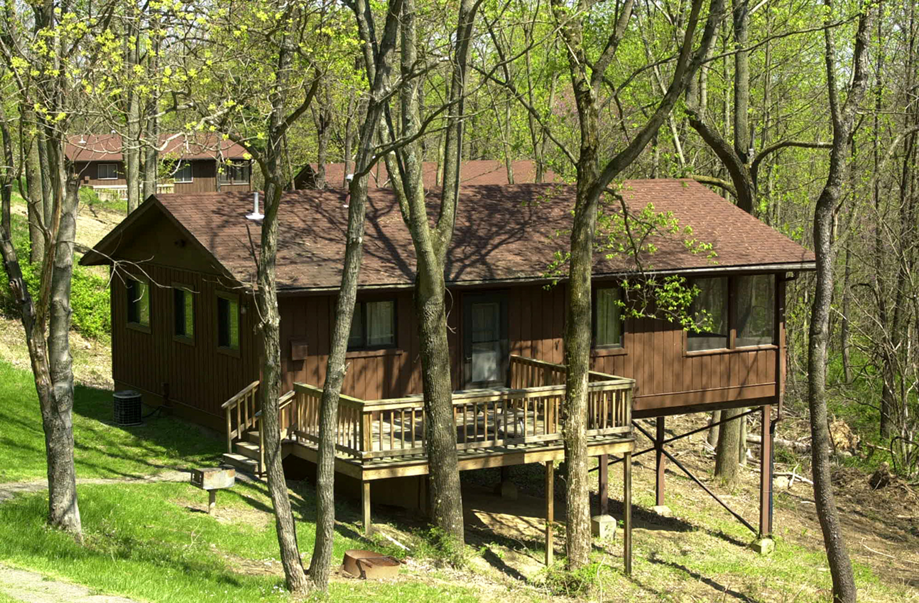 Cabin in a wooded area at Dillon State Park.