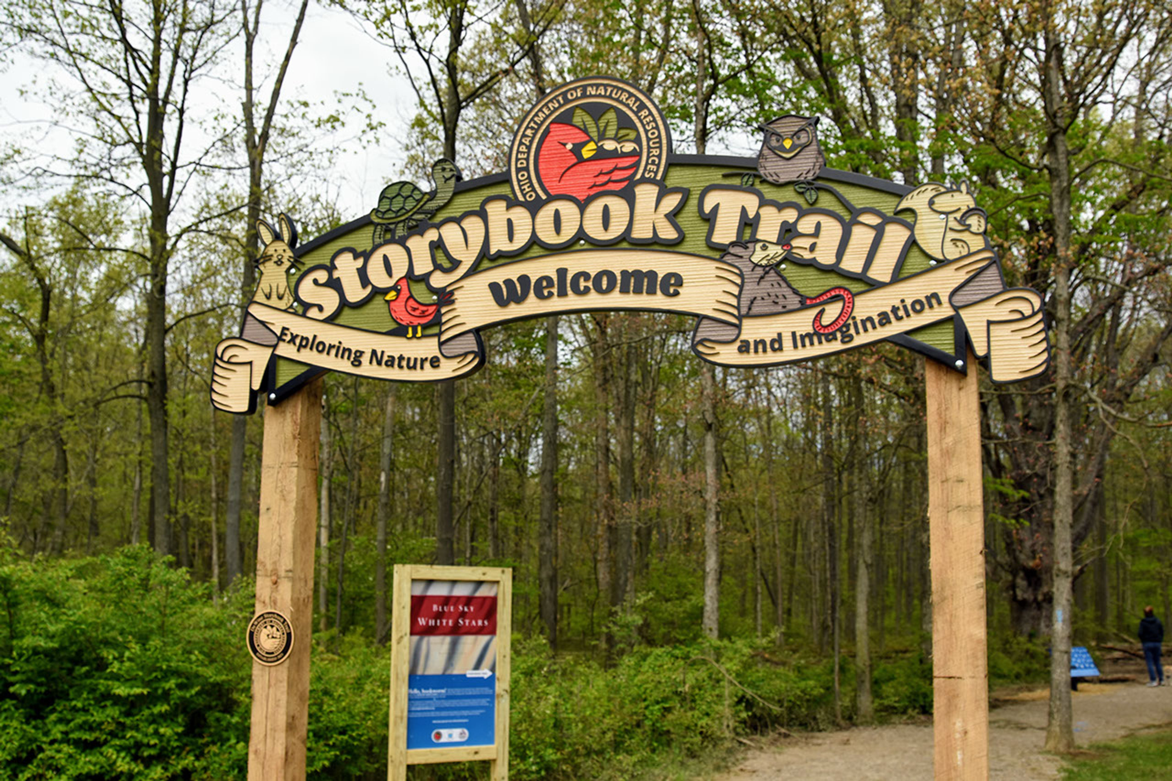 A sign for the Storybook Trail trailhead at Findley State Park