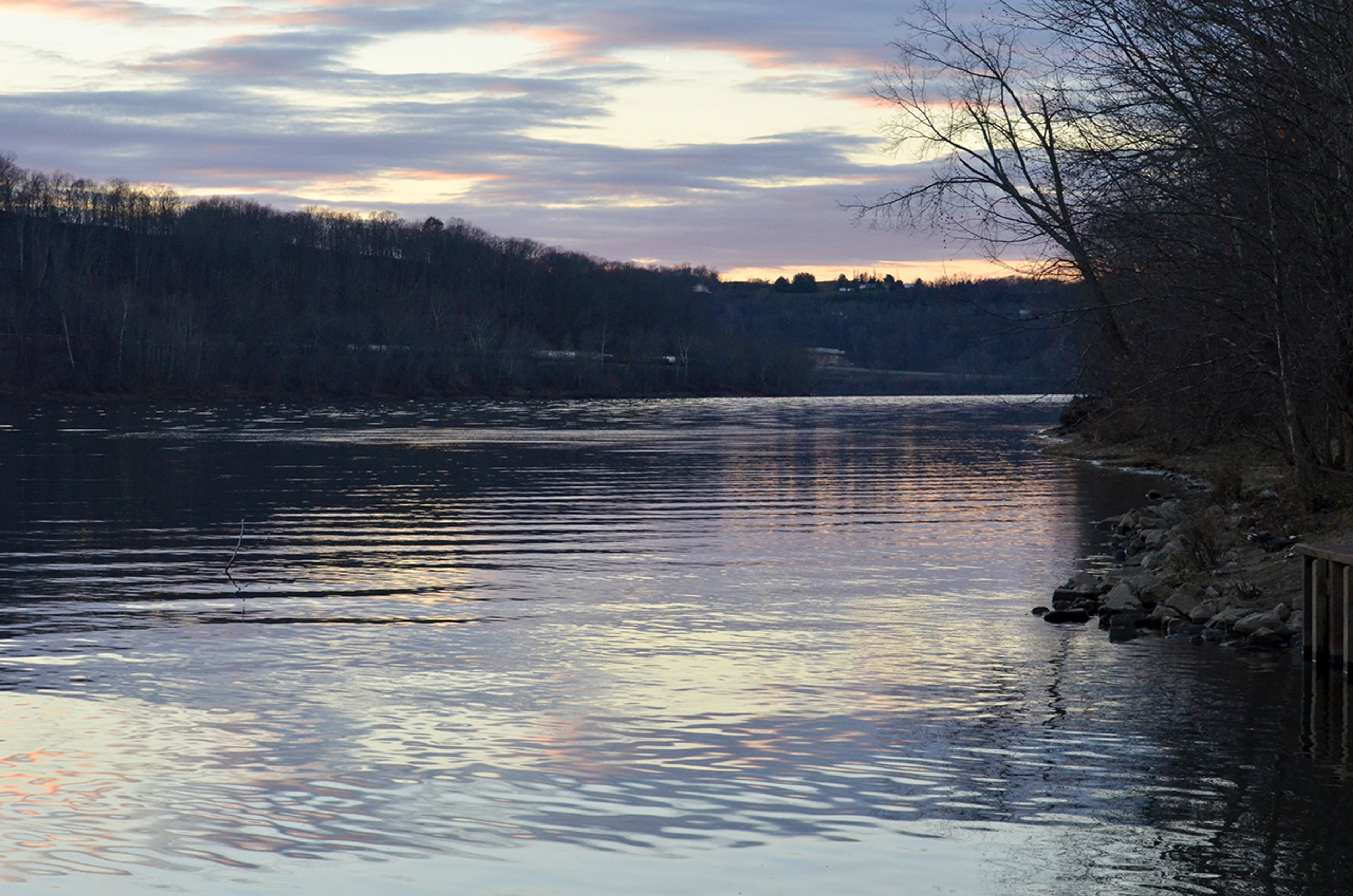 A river surrounded by trees and a cloudy sky at dusk at Forked Run State Park