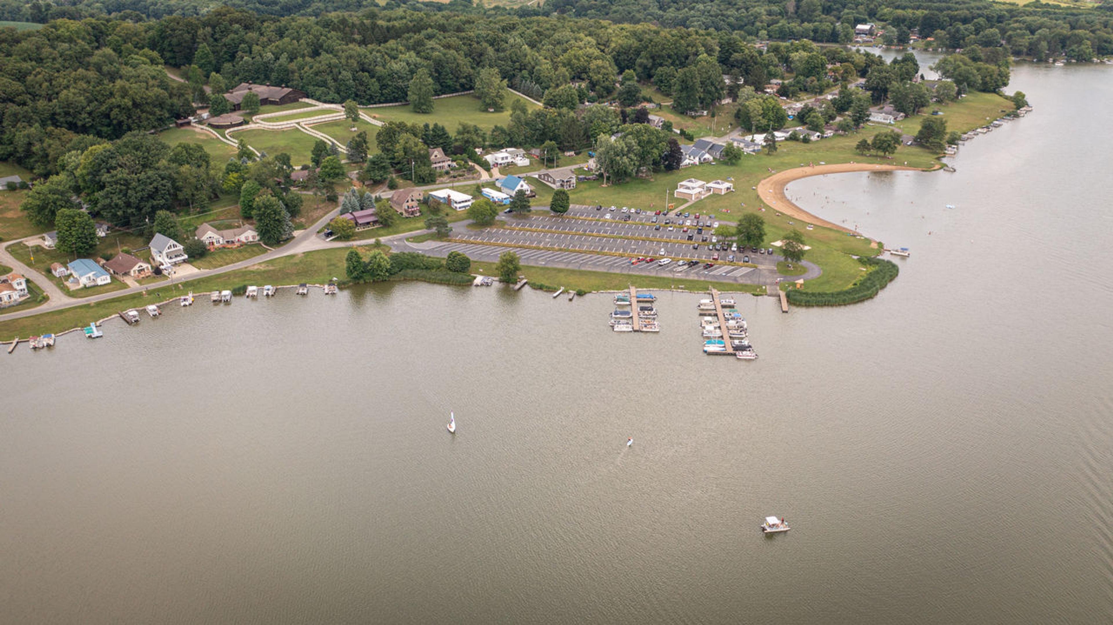 Aerial view of the lake houses and marina at Guilford Lake State Park