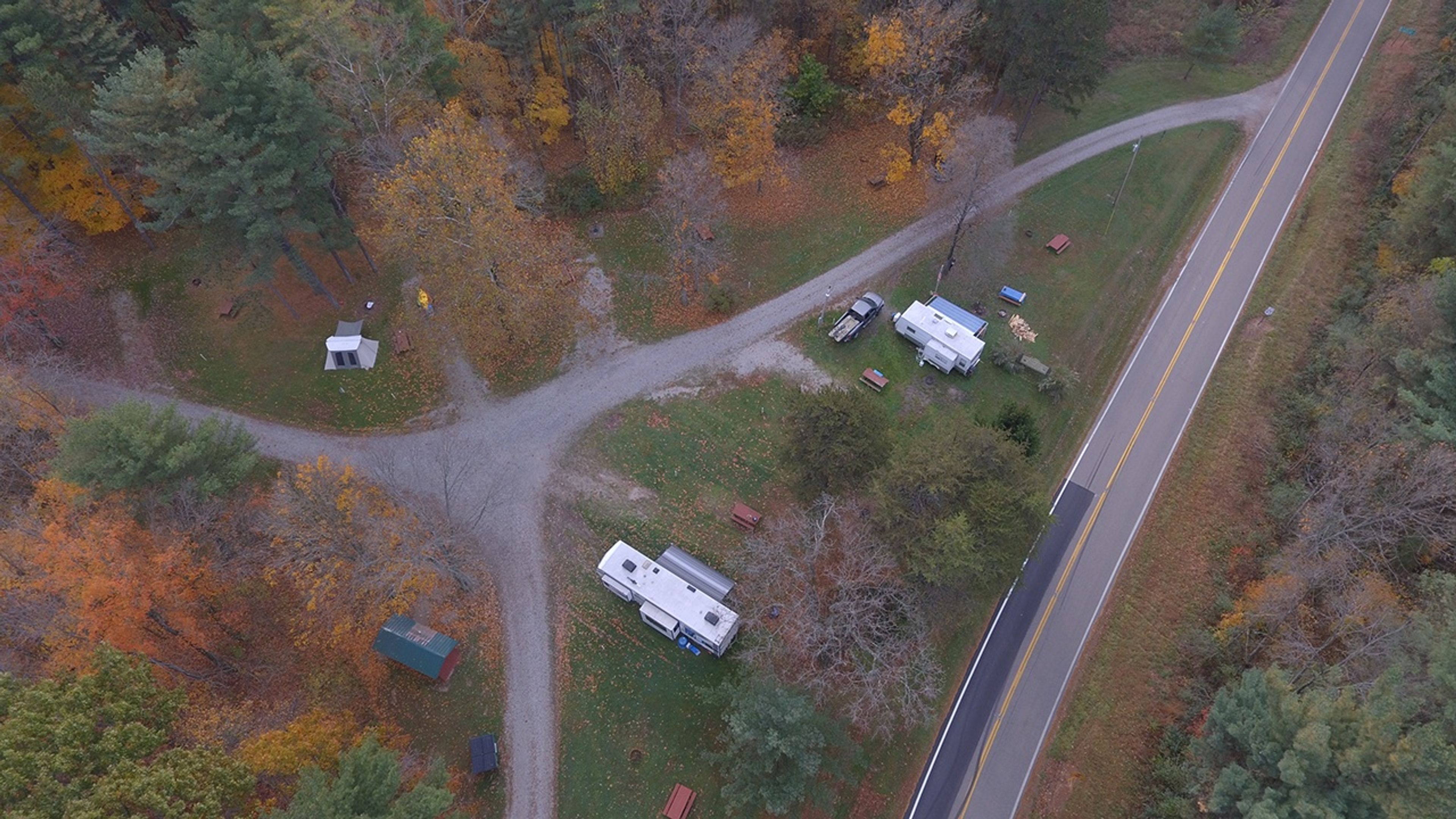 An aerial view of a campsite at Jesse Owens State Park