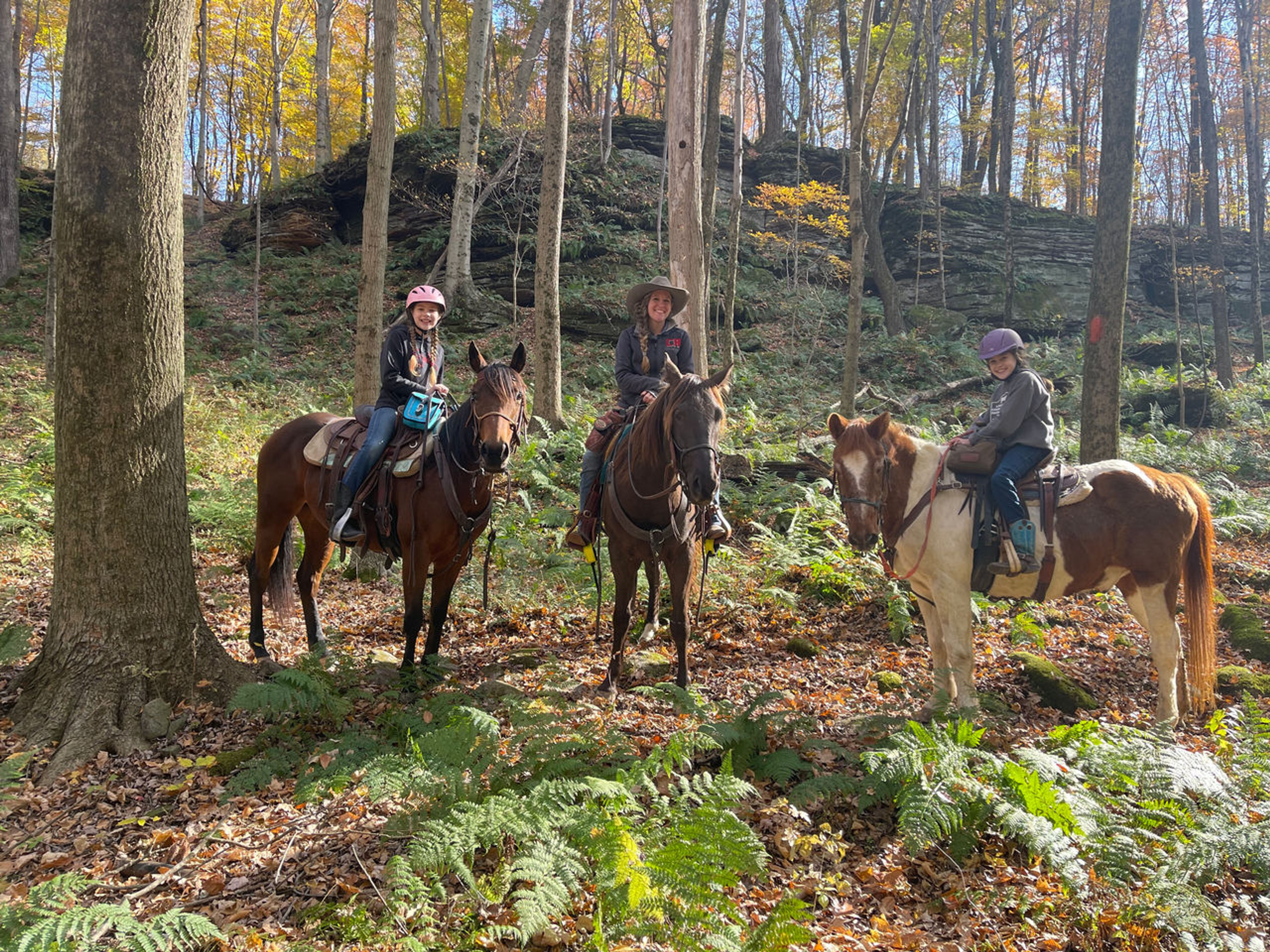 A group of three people riding horses in the woods at Malabar Farm State Park