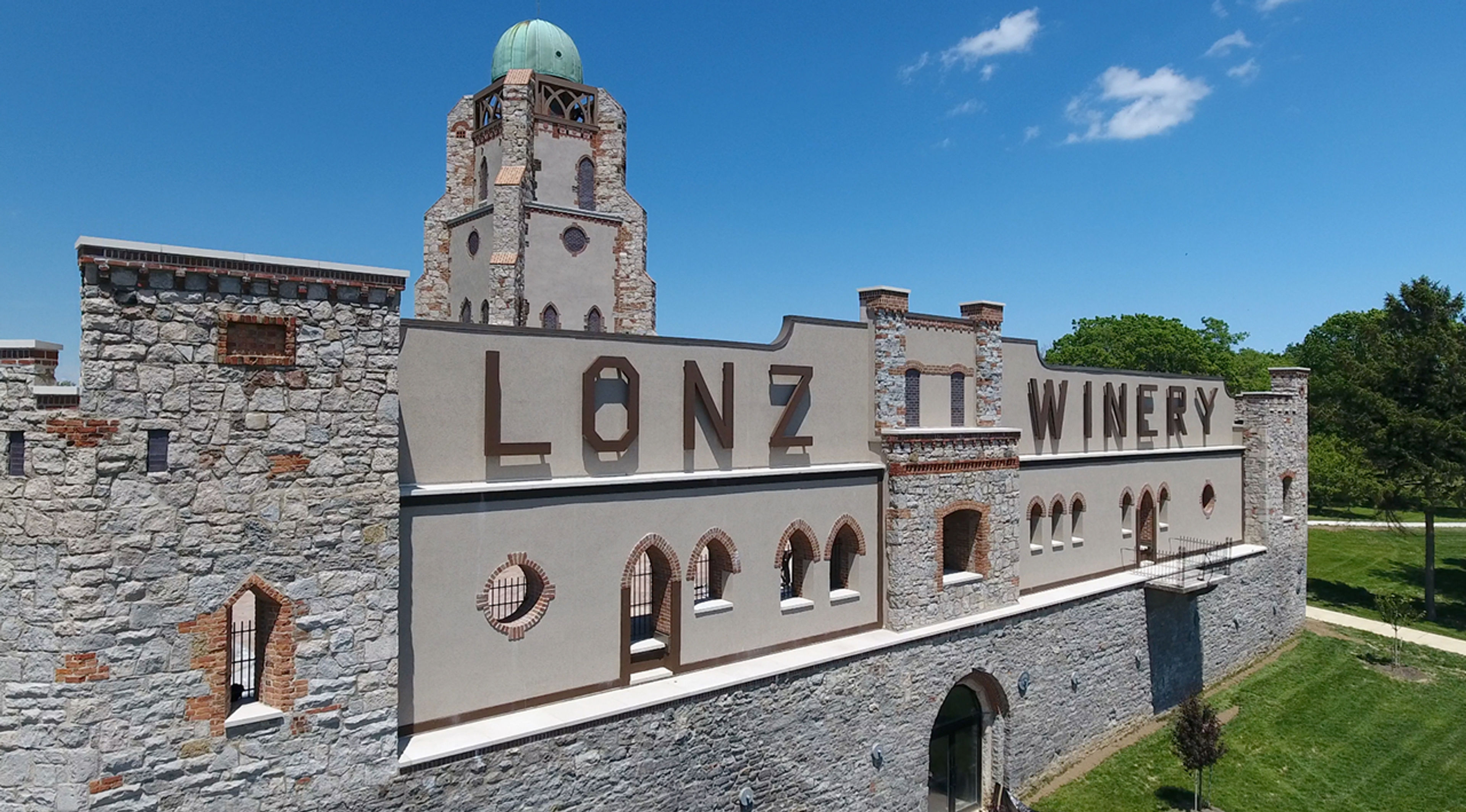 White stone, castle like building that says Lonz Wine at Middle Bass Island State Park