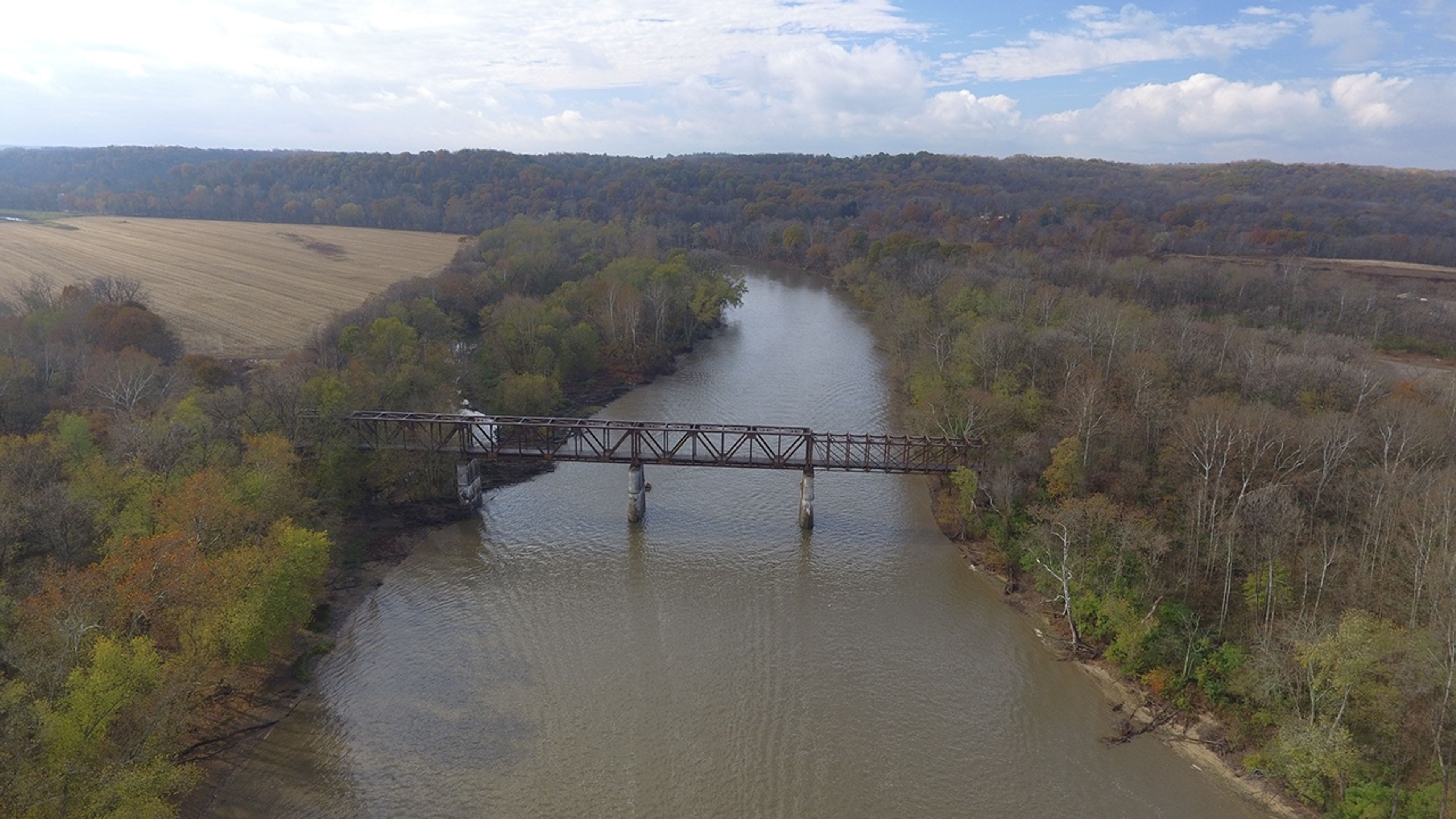 Aerial view of a bridge over a river at Muskingum River State Park